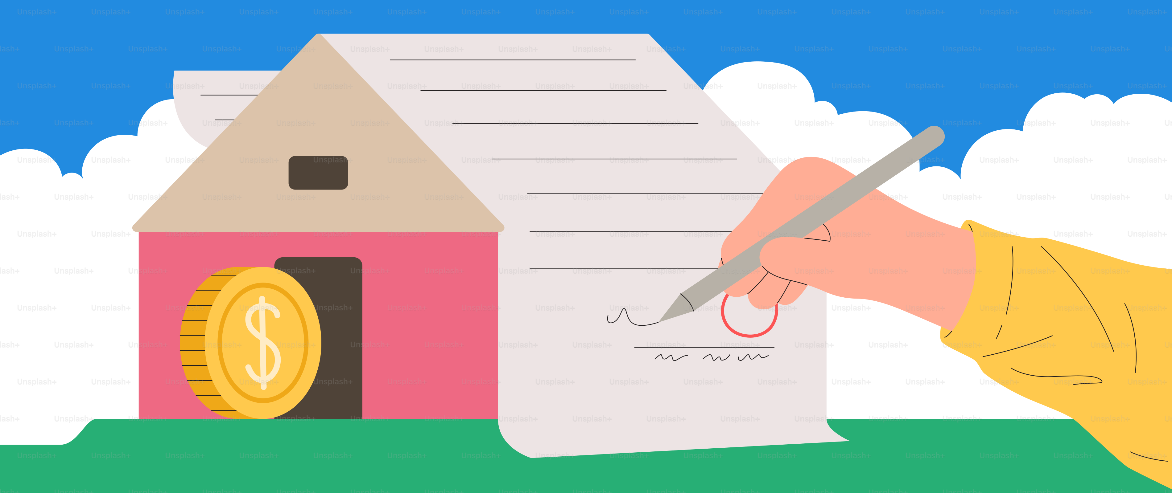 Dokumen penandatanganan tangan untuk rumah dengan uang.