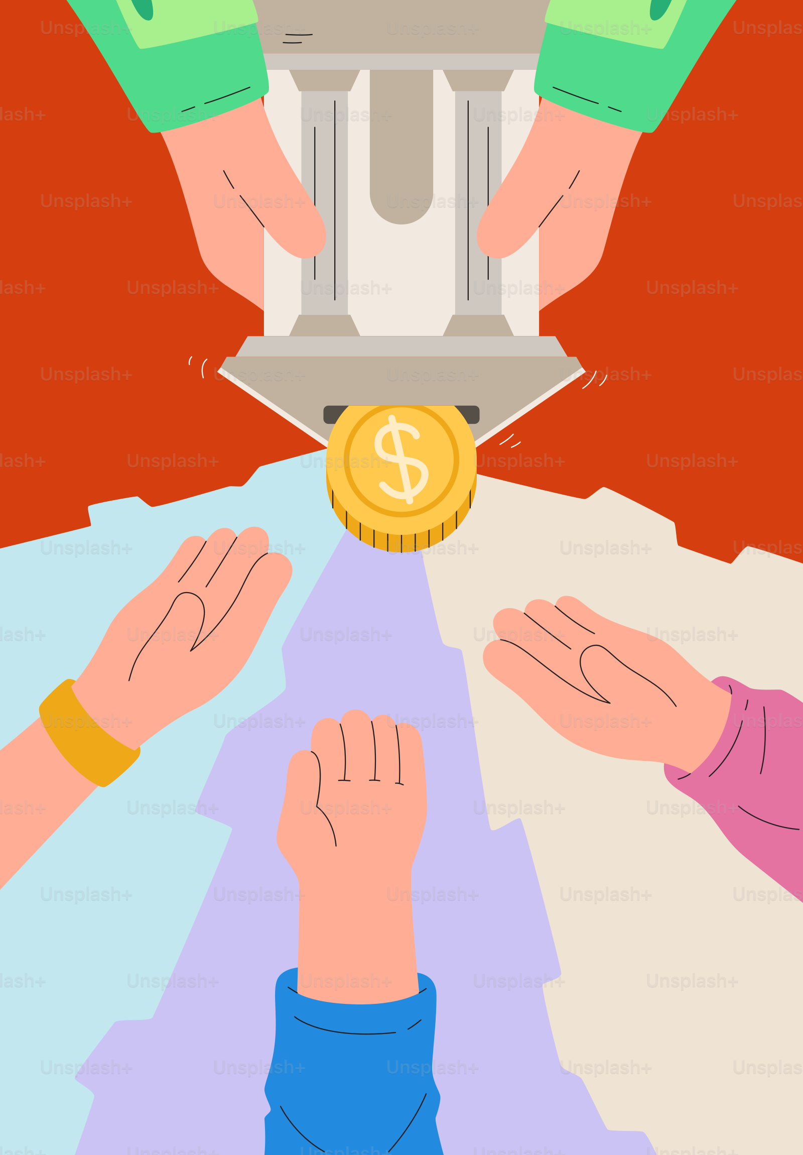Koin dolar dikeluarkan dari mesin ke beberapa tangan yang terulur.