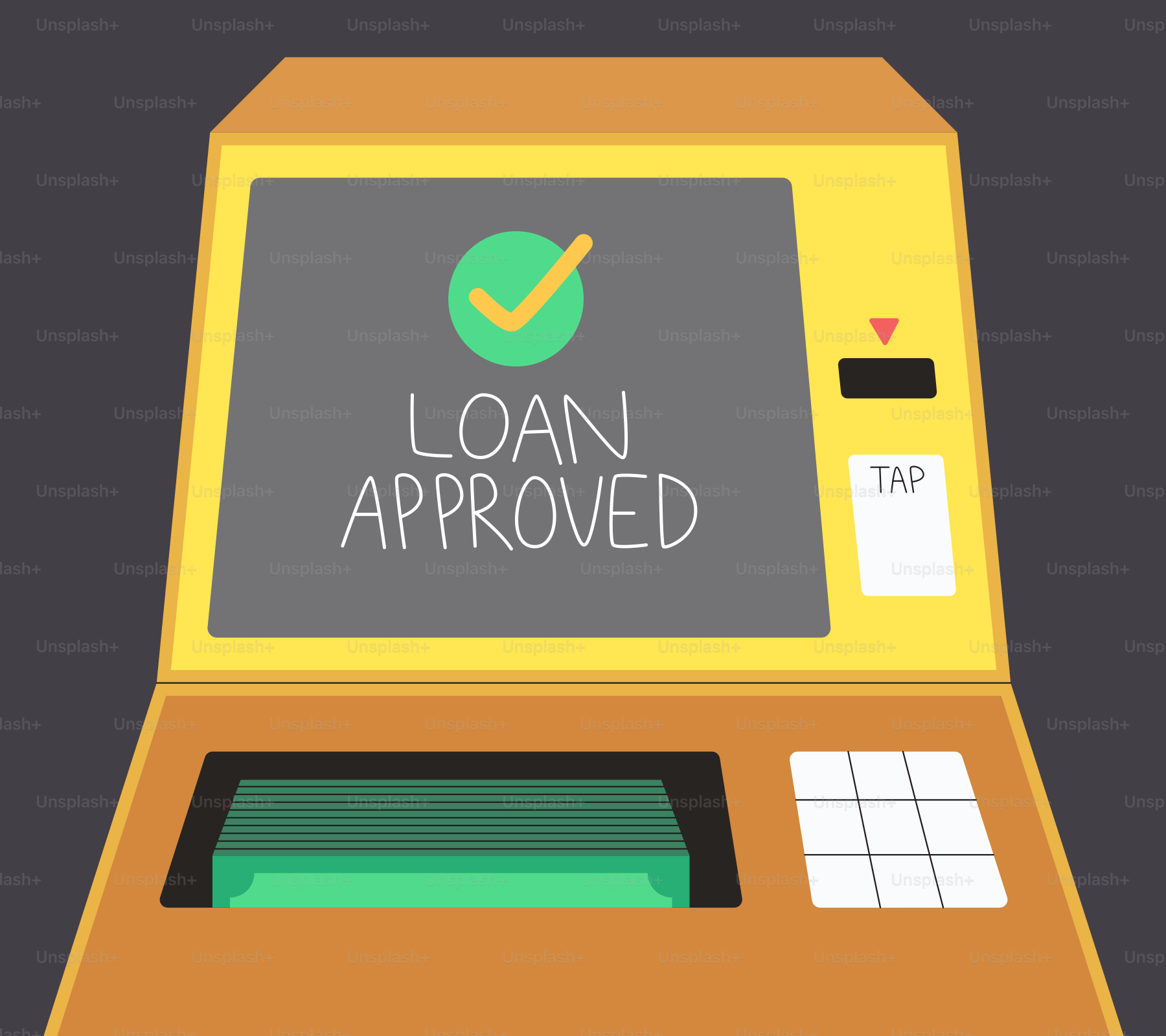 Sebuah atm yang menampilkan "pinjaman disetujui" dan mengeluarkan uang tunai.