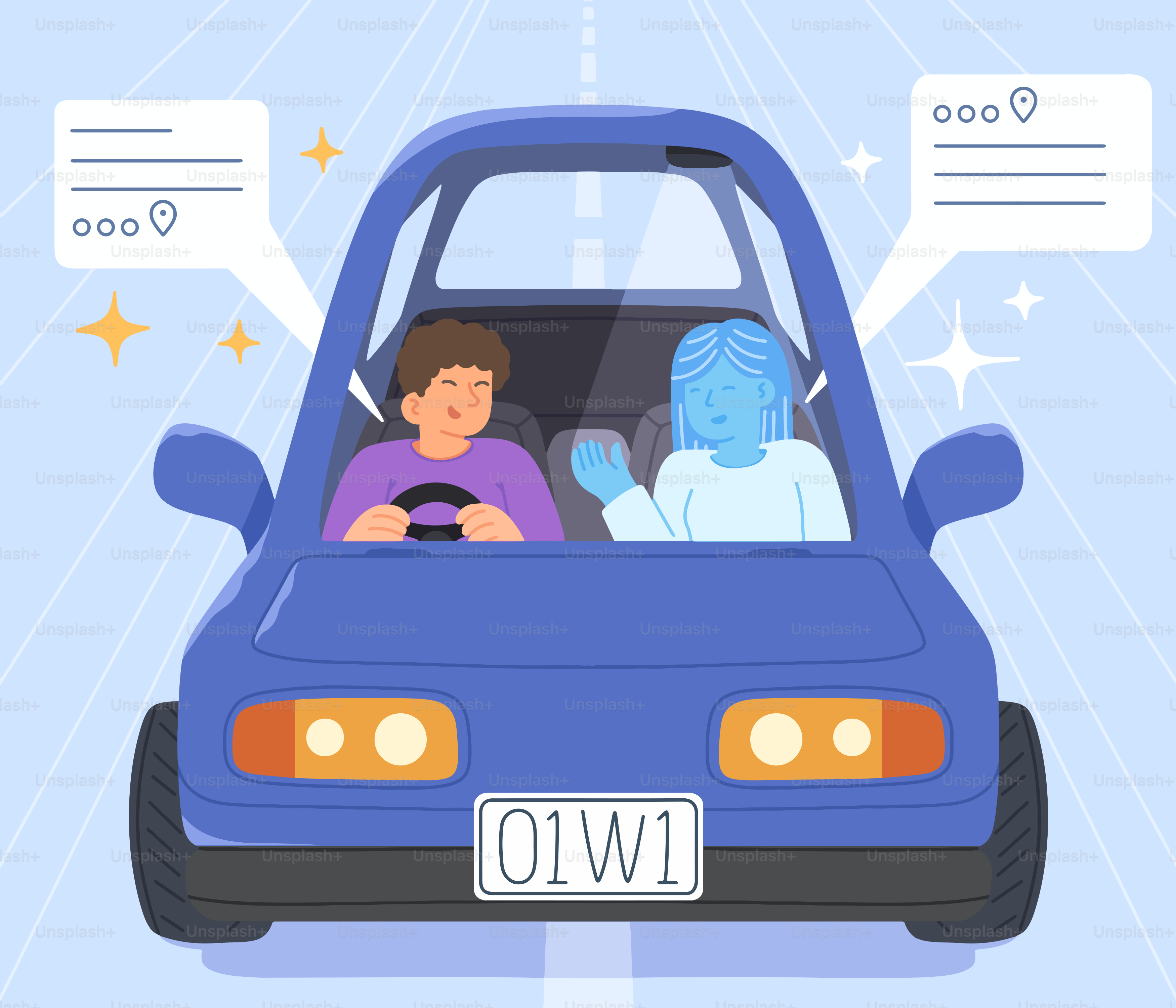 Pria yang mengendarai mobil dengan penumpang ai biru yang tersenyum.