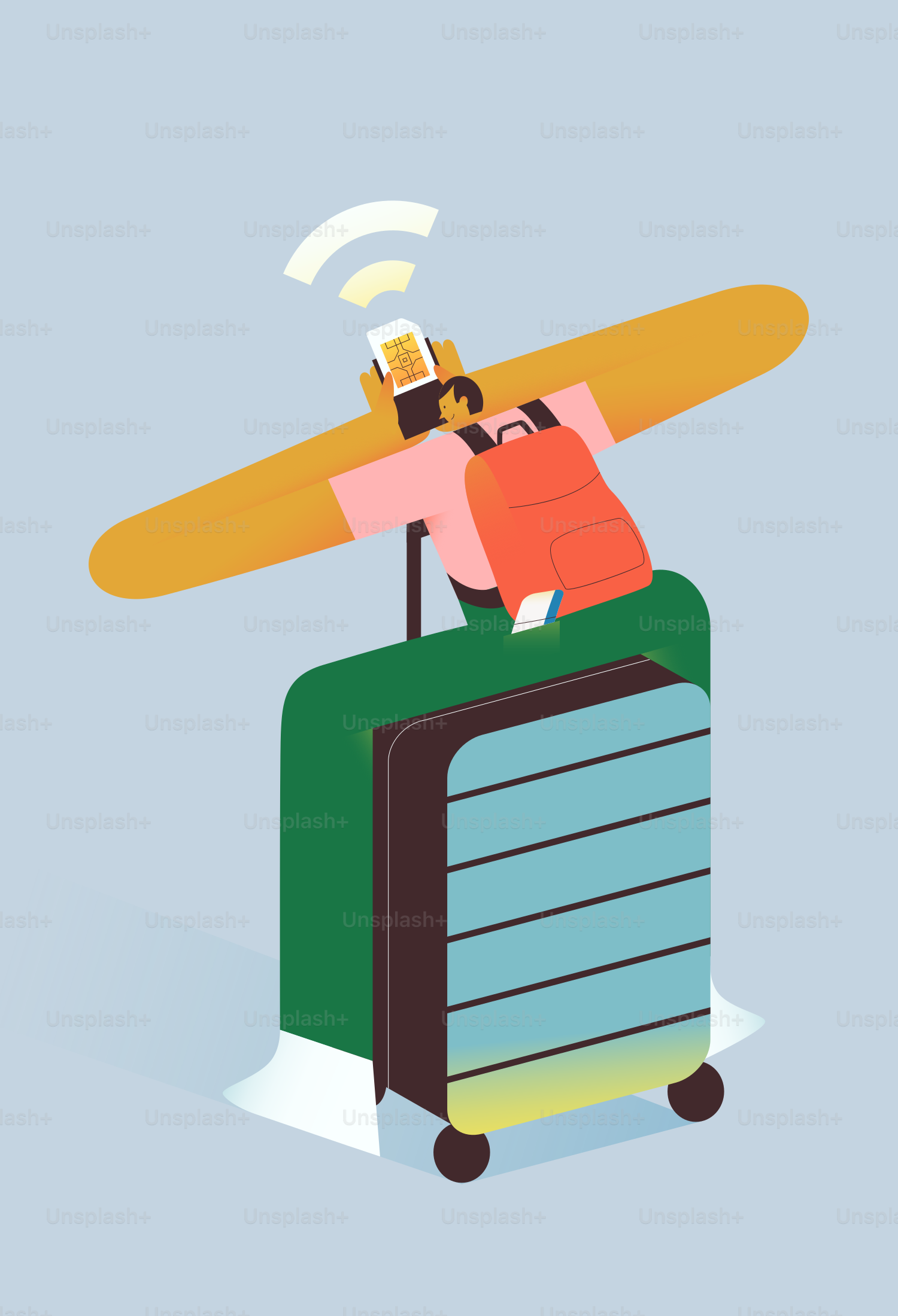 Orang berbaring di atas koper hijau, menggunakan telepon dengan wi-fi.