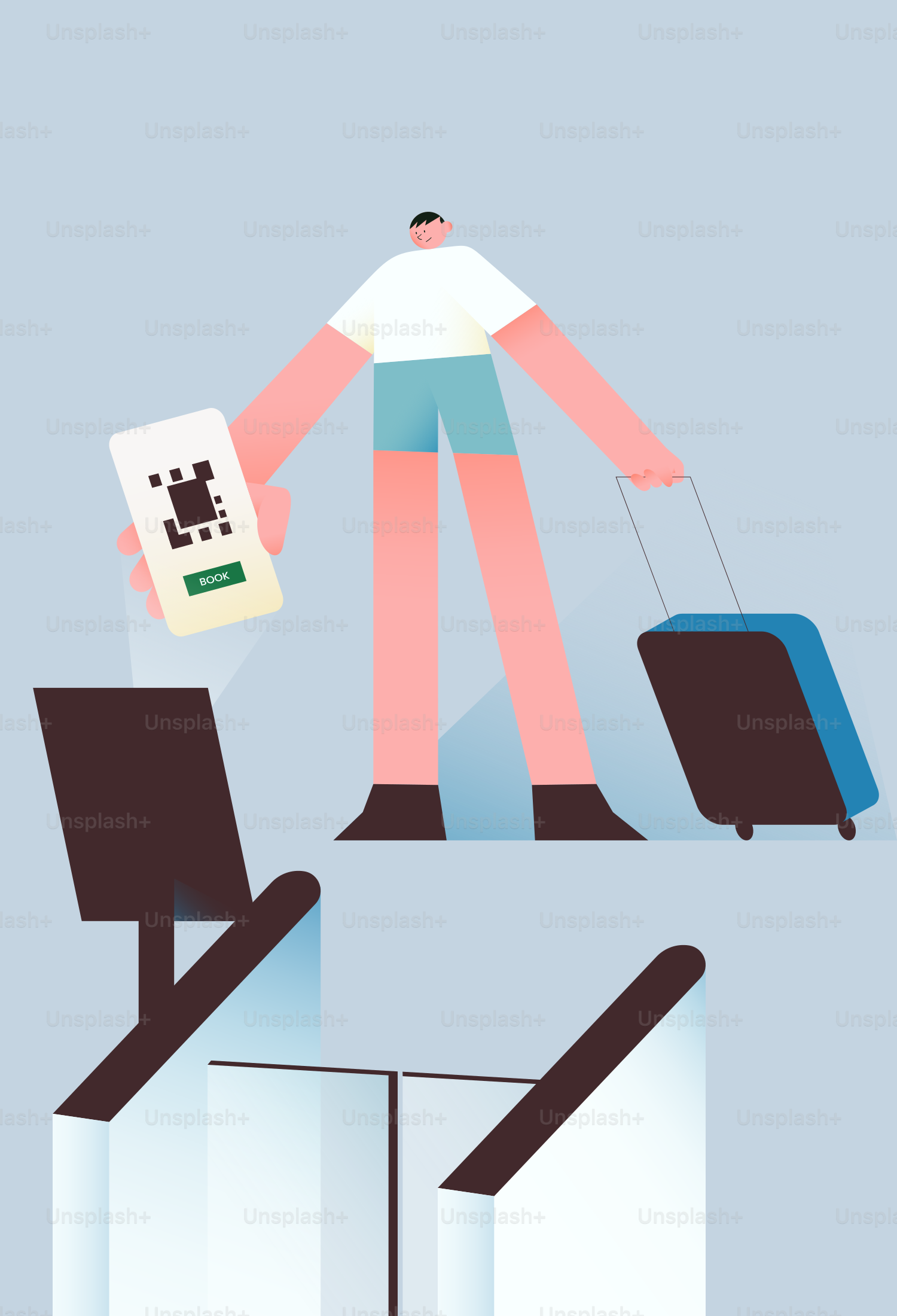 Personne avec un smartphone et une valise à un tourniquet.
