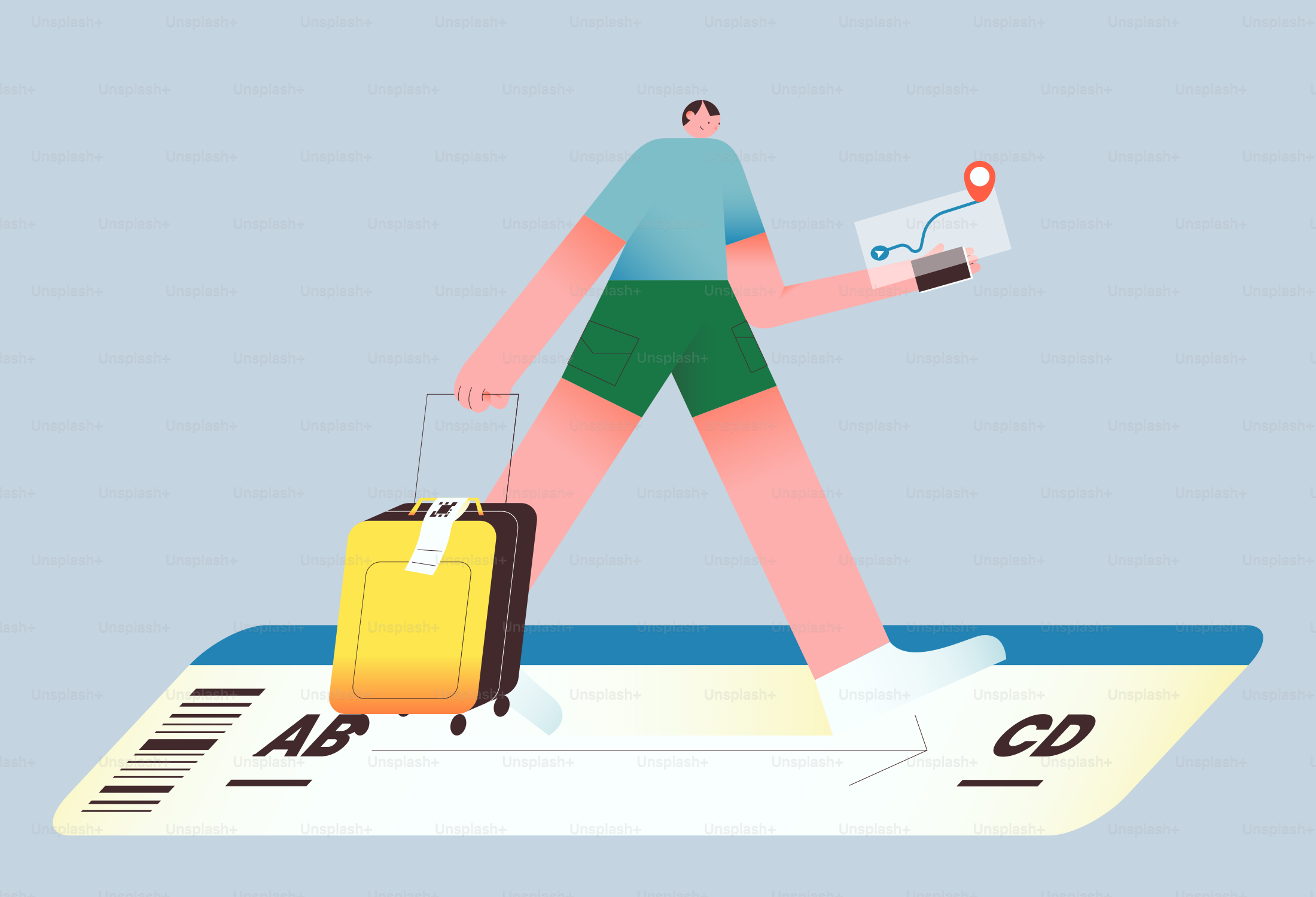 スーツケースと地図を持った旅行者が大きな旅行券に乗り込んでいます。