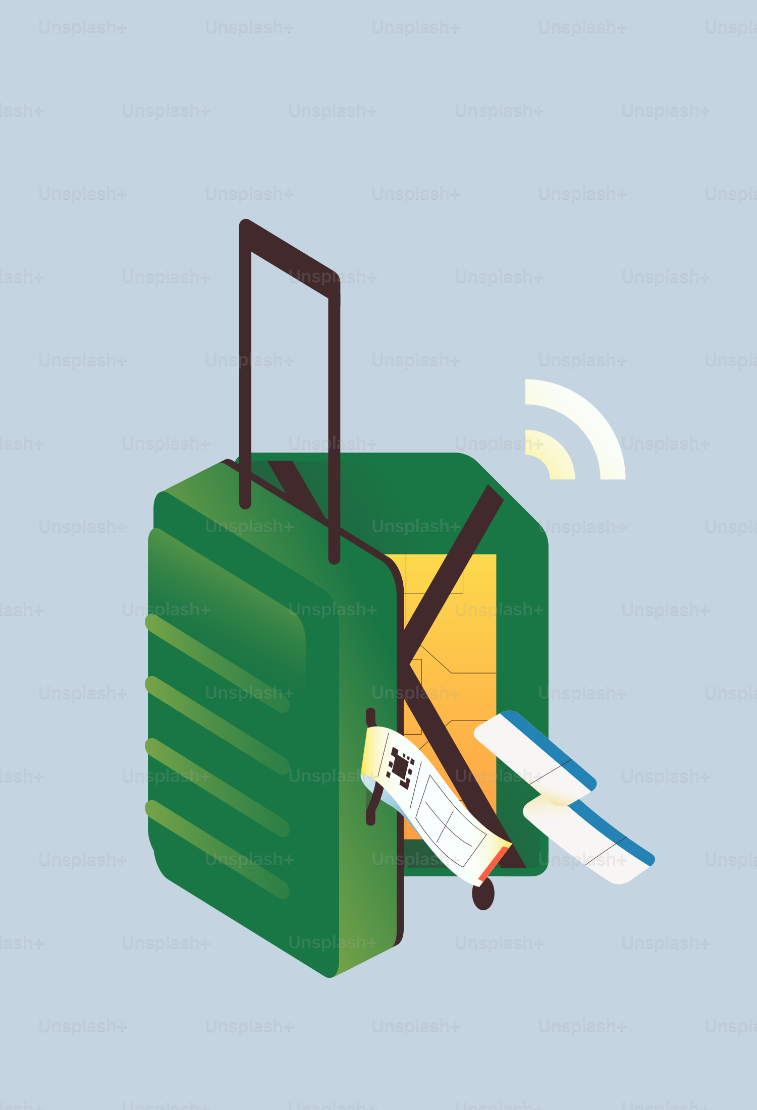 Green suitcase with passport, boarding passes, and wi-fi signal.