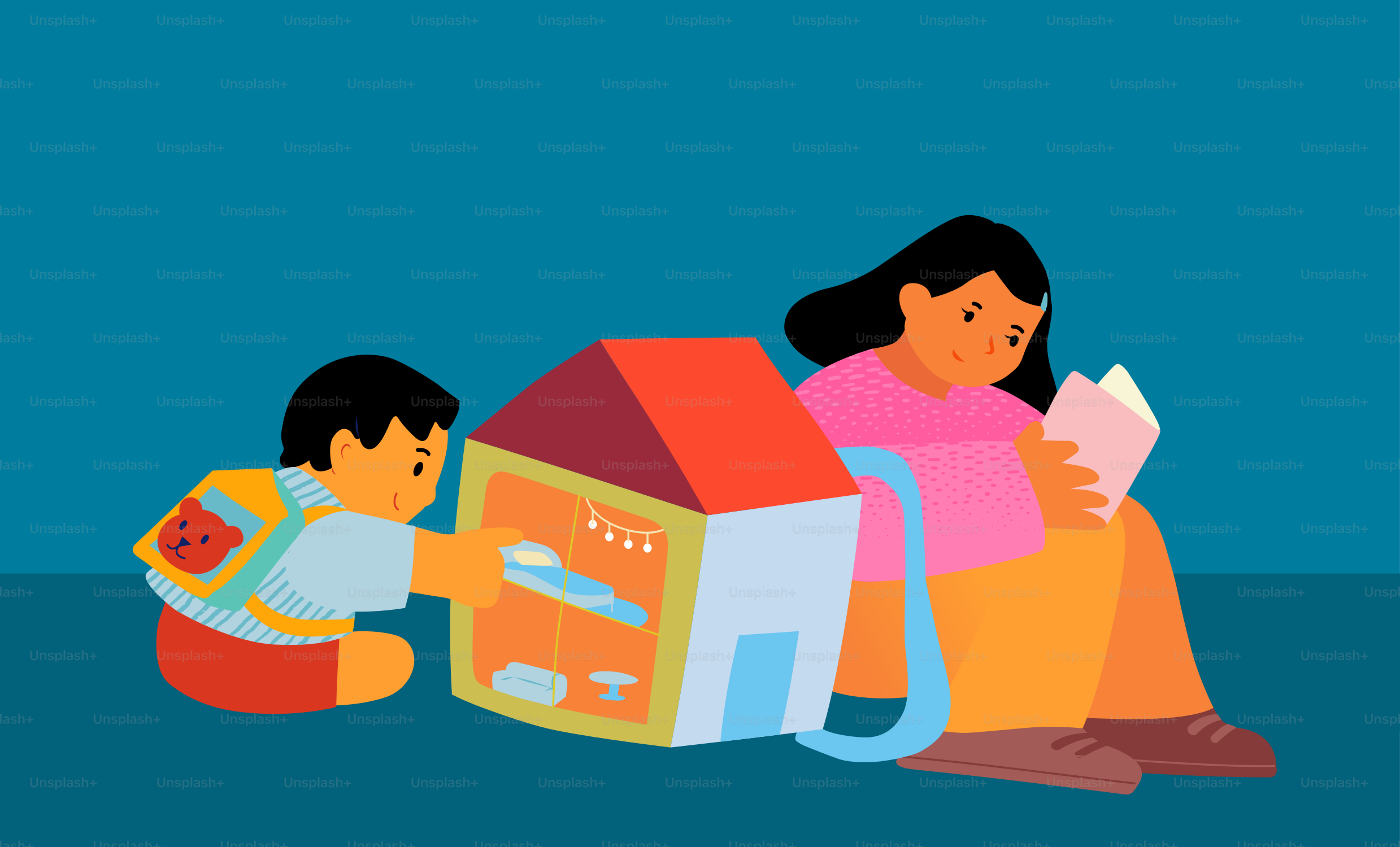 子どもがおもちゃの家で遊び、女性が本を読んでいる。