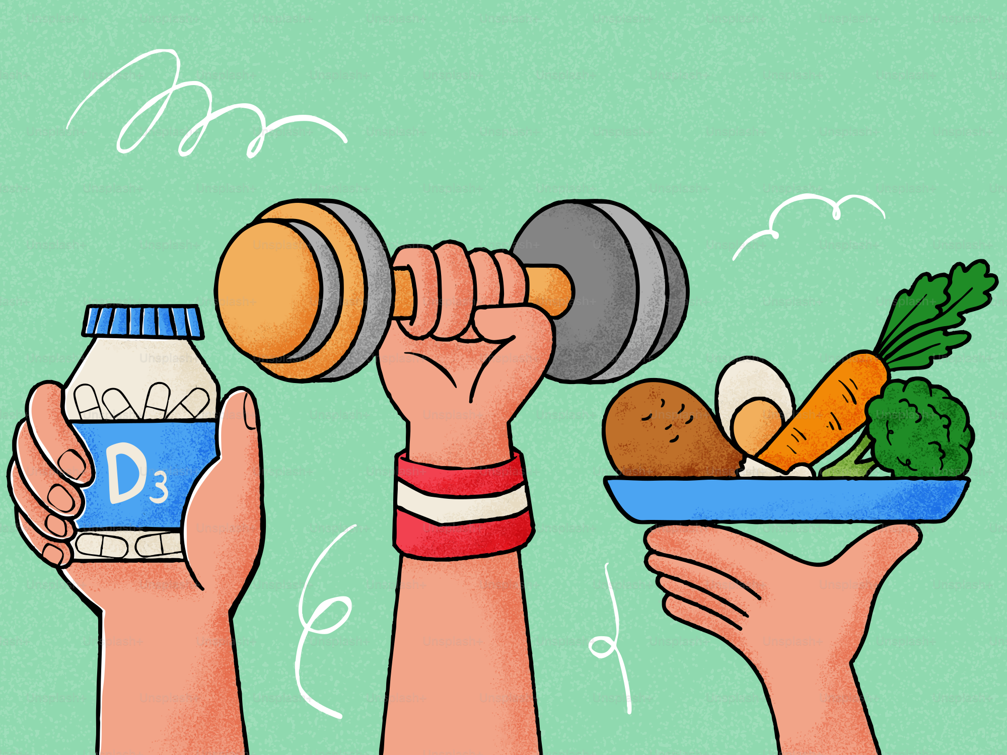 Mani che tengono vitamina D3, manubri e cibo sano
