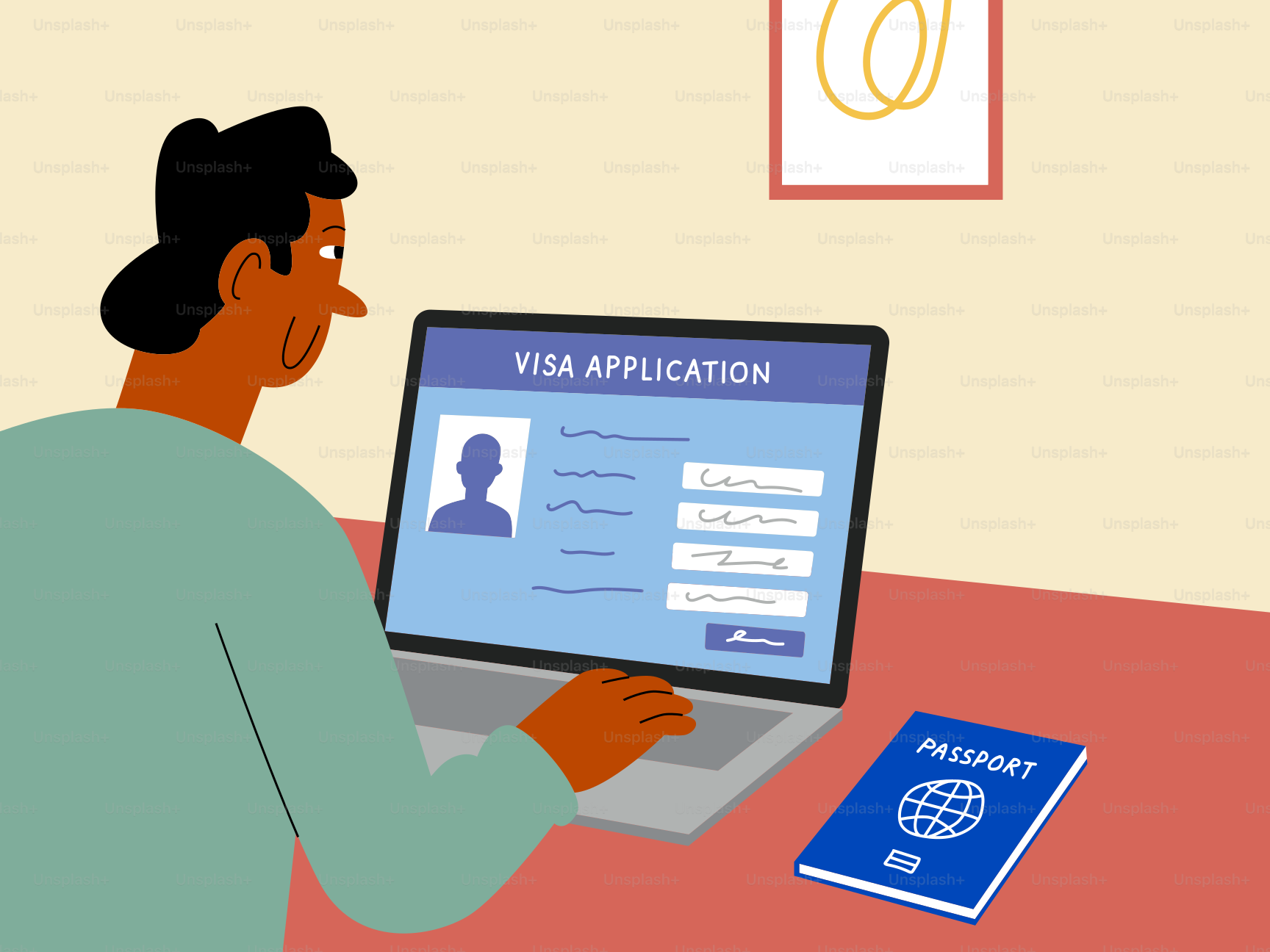 Man filling out visa application on laptop with passport. vector ...