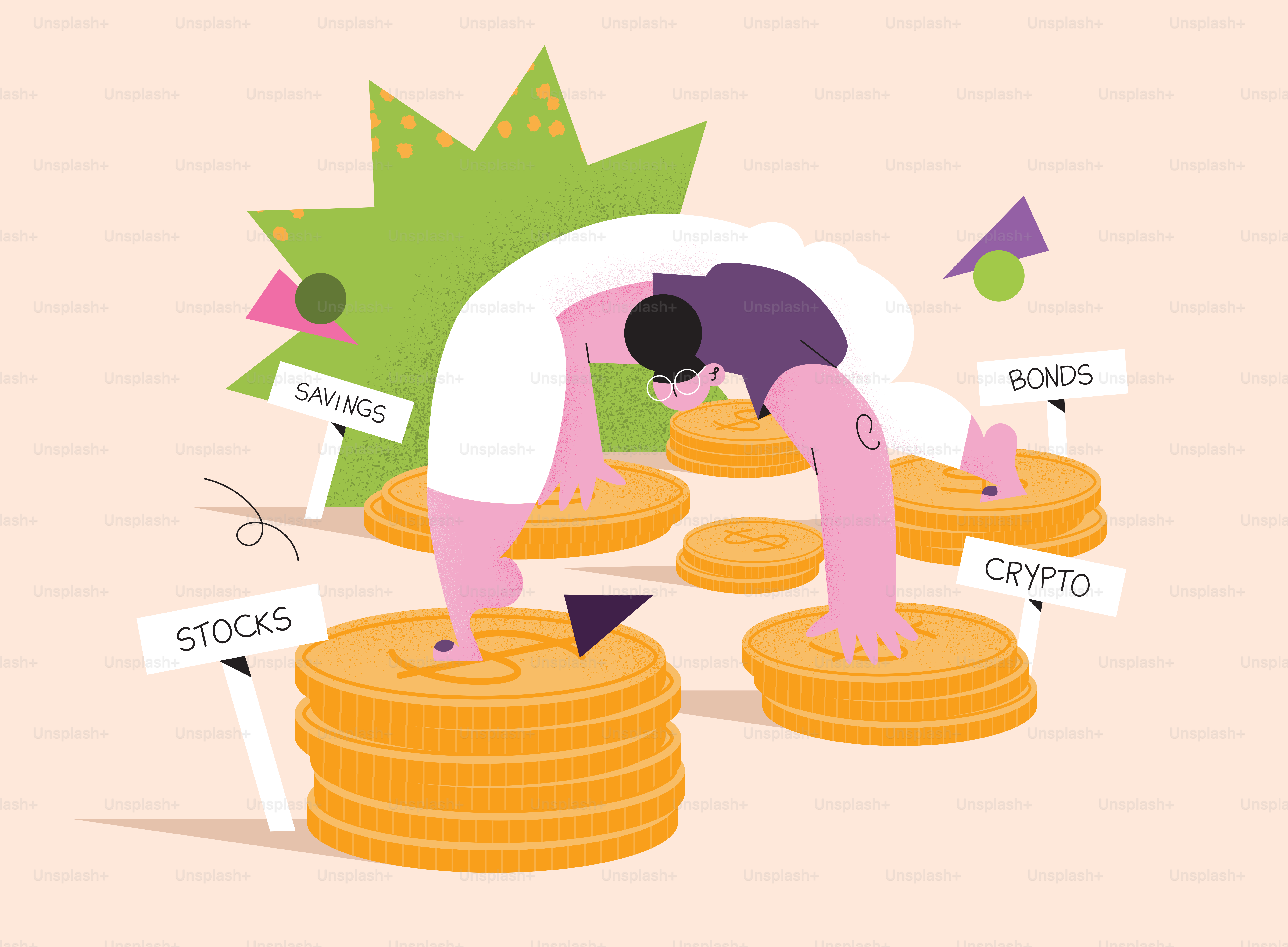 Pessoa equilibrando pilhas de investimento: ações, poupança, títulos, cripto.