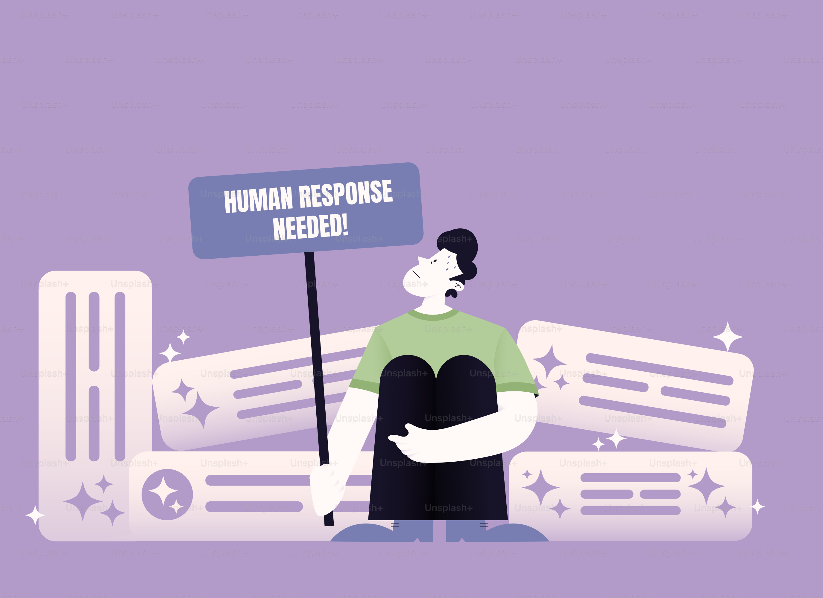 Una persona tiene un cartello 'risposta umana necessaria!' tra i messaggi.