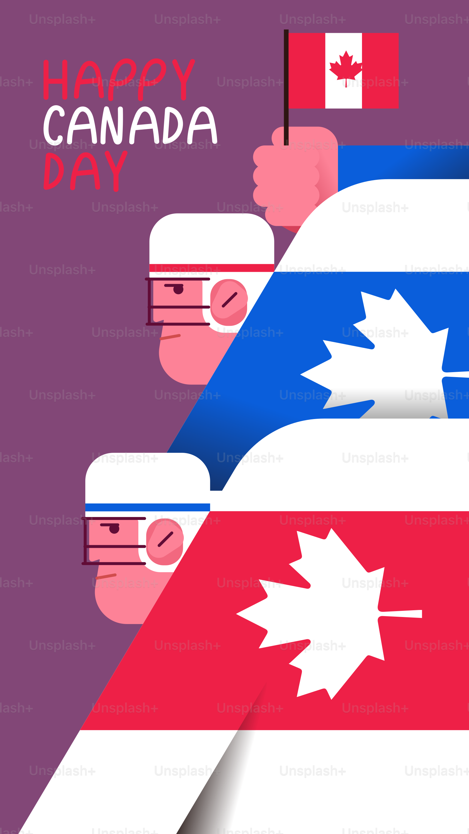 Illustration de la fête du Canada avec des figures tenant un drapeau canadien.
