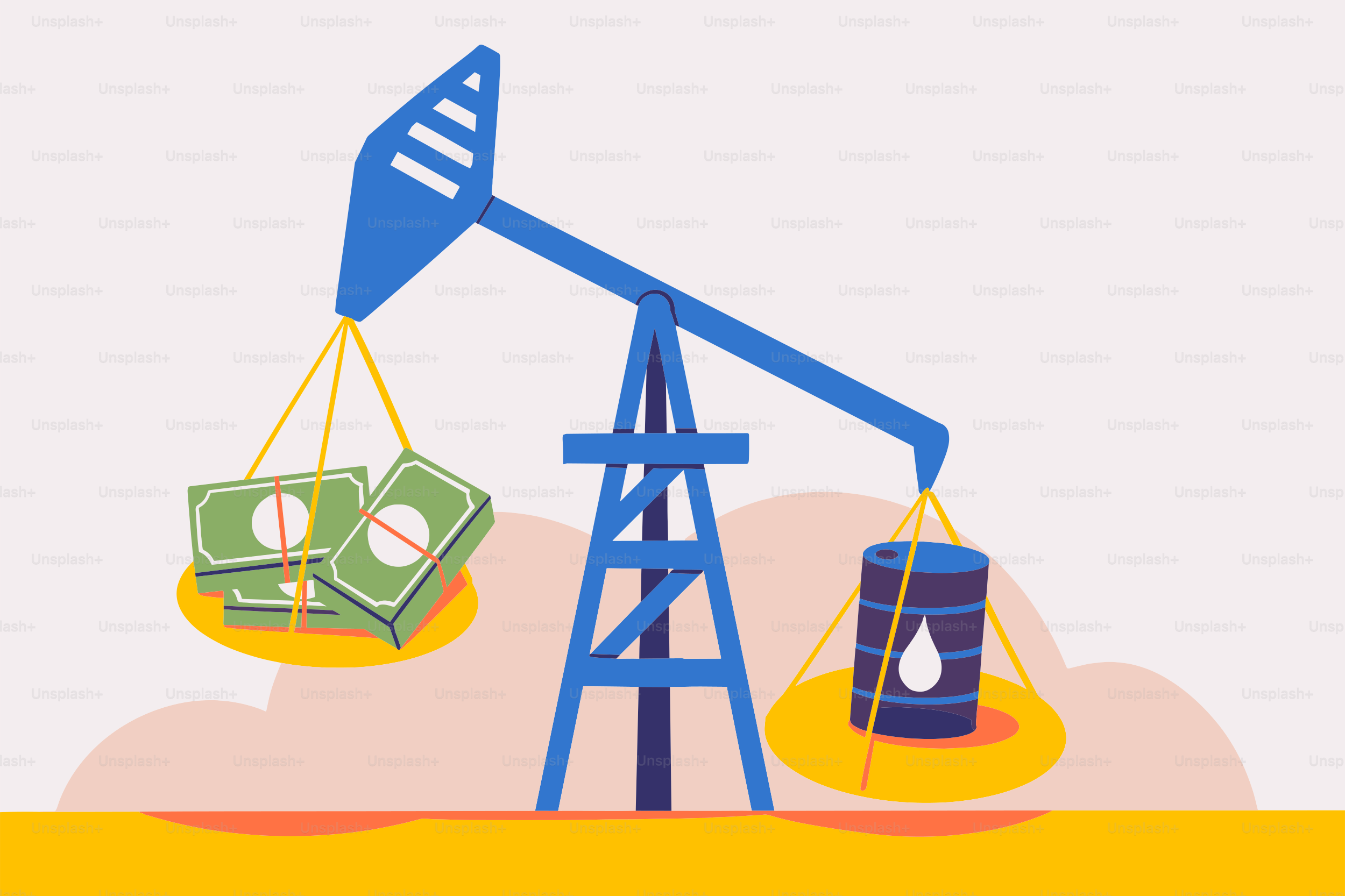 Money outweighs oil on a pumpjack balance scale.