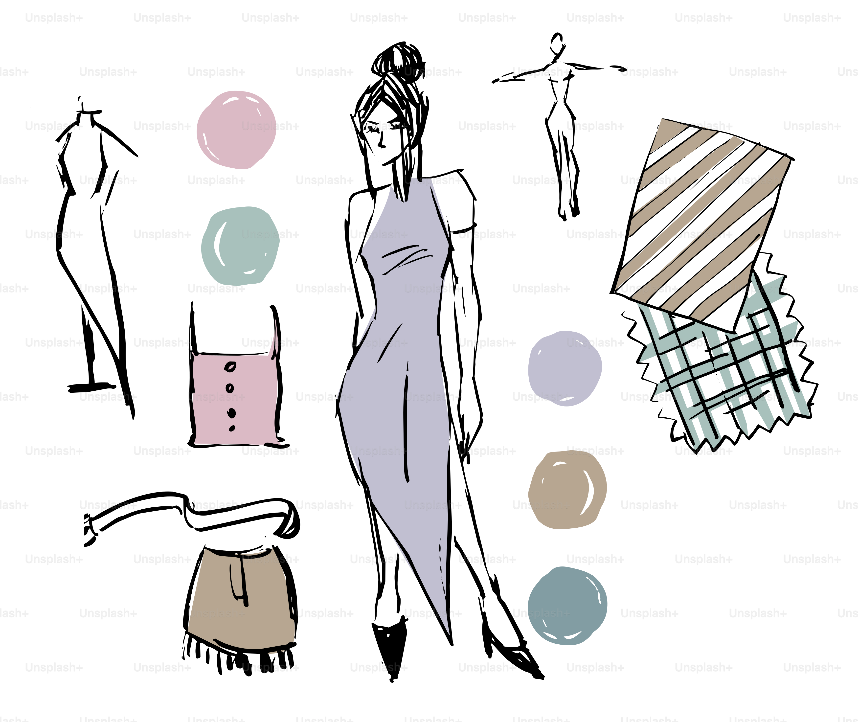Bocetos de diseño de moda con muestras de color y telas