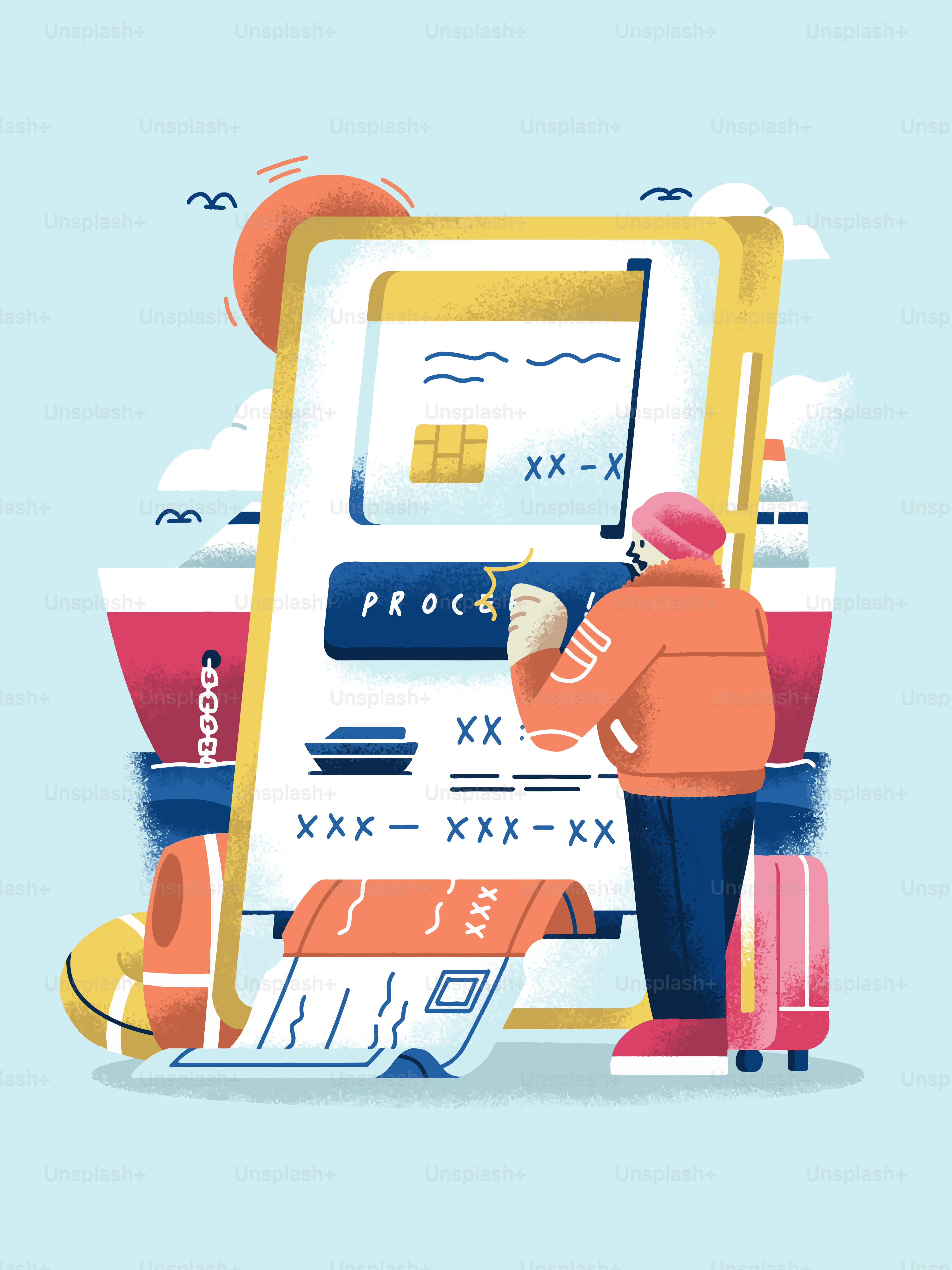 Pemesanan perjalanan online dan pembayaran di smartphone.