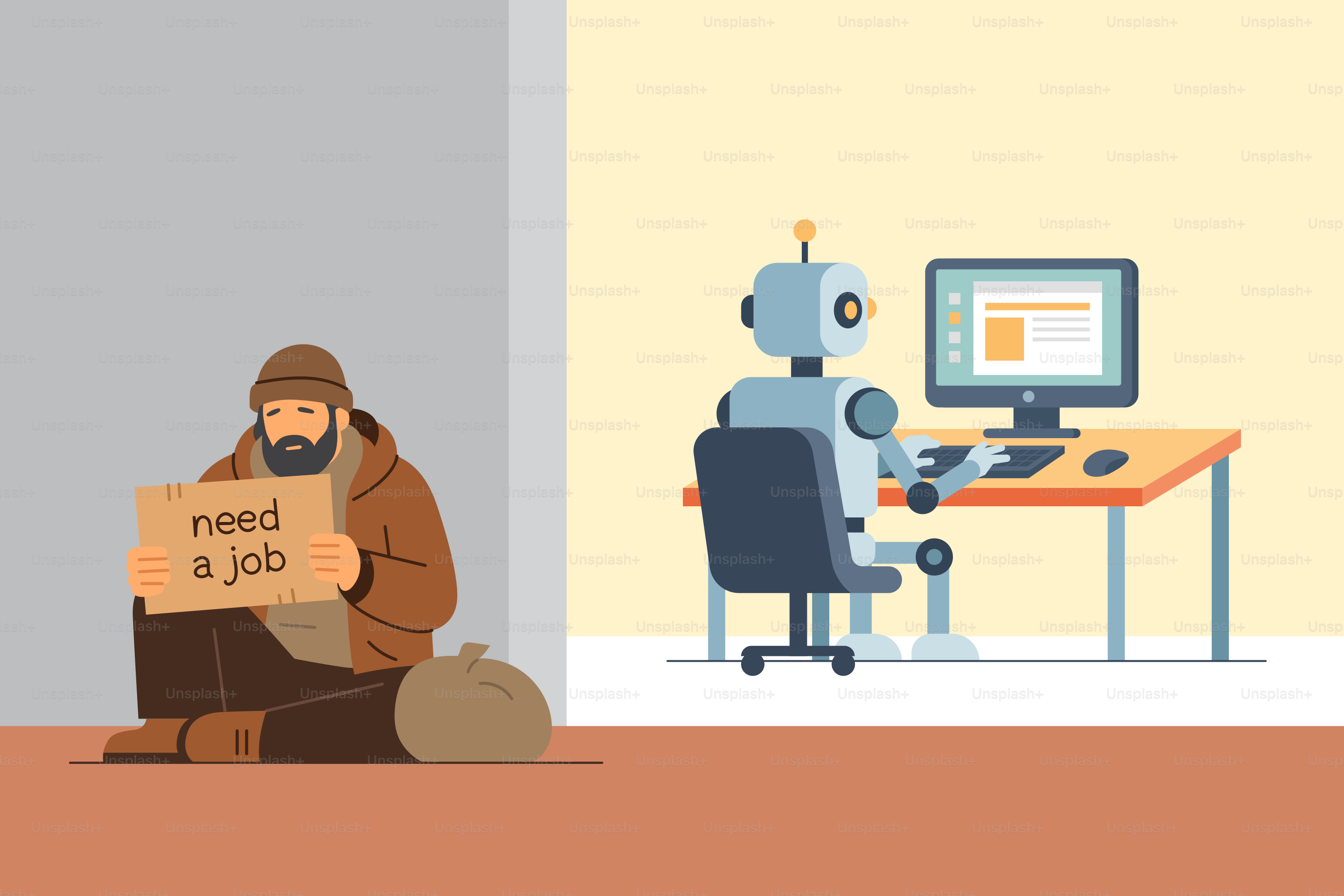 Un sans-abri a besoin d’un emploi pendant que le robot travaille à l’ordinateur.