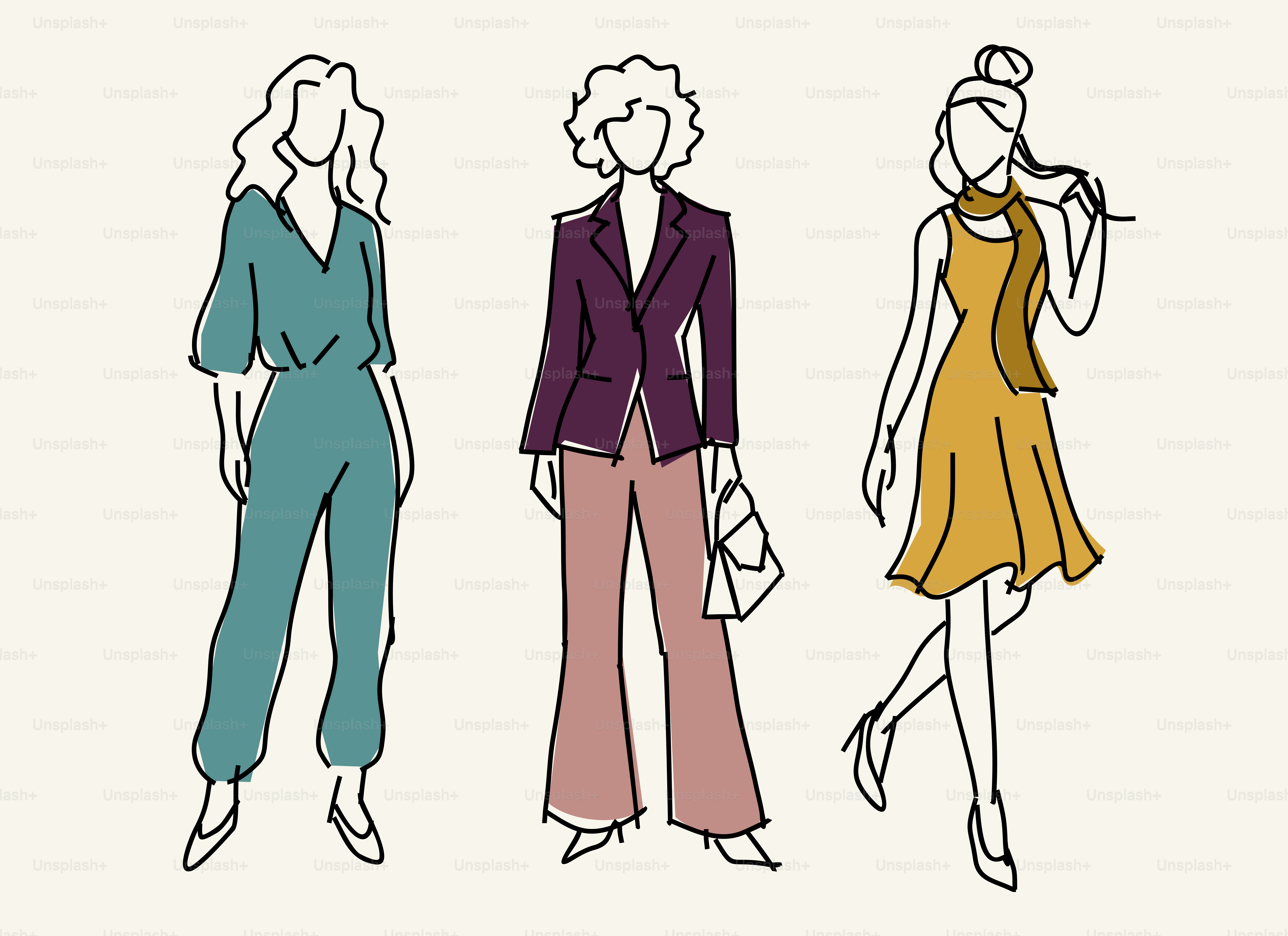 Mulheres com arte de linha na moda exibindo diferentes roupas.