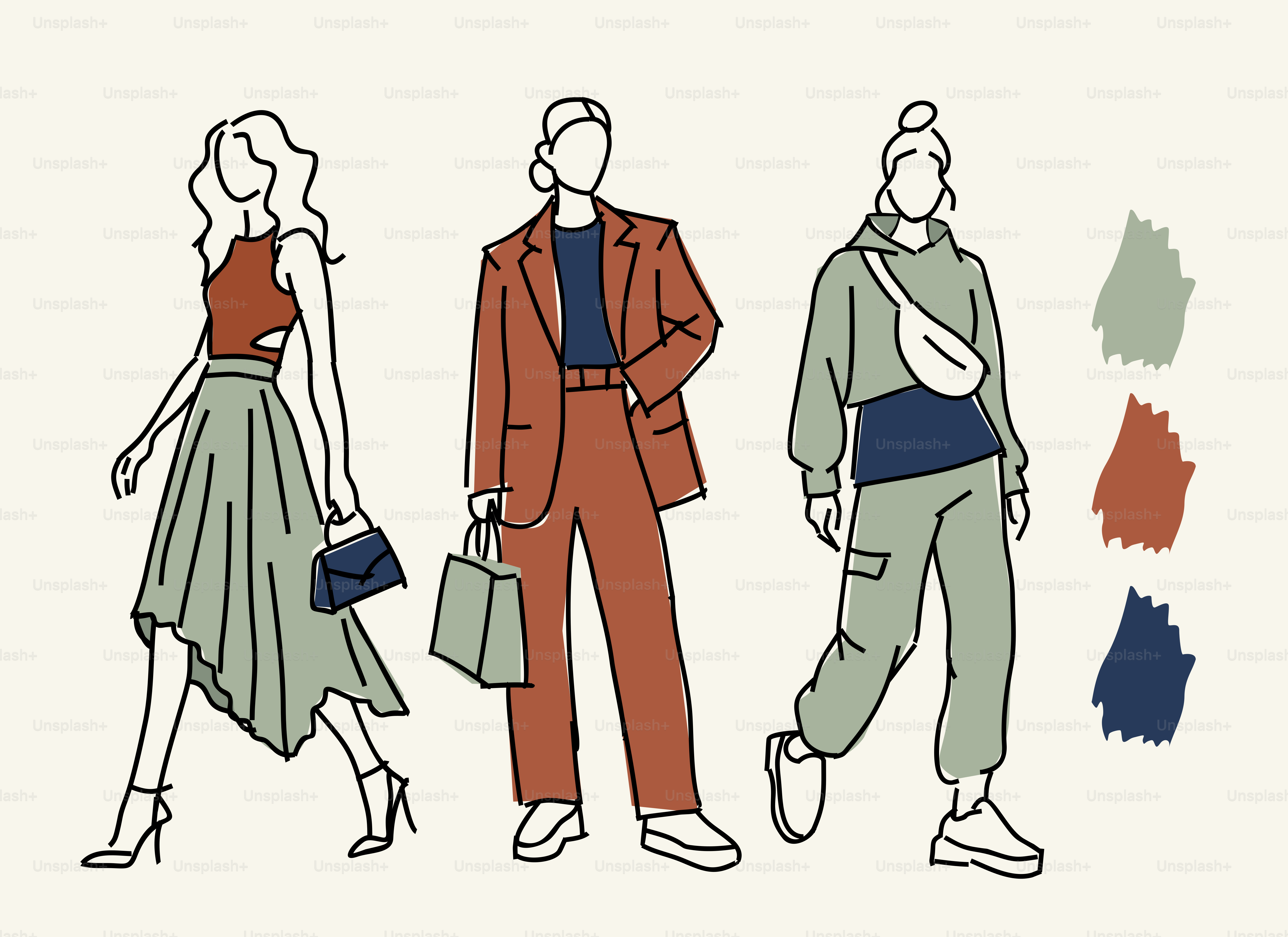 Três roupas estilizadas femininas com paleta de cores