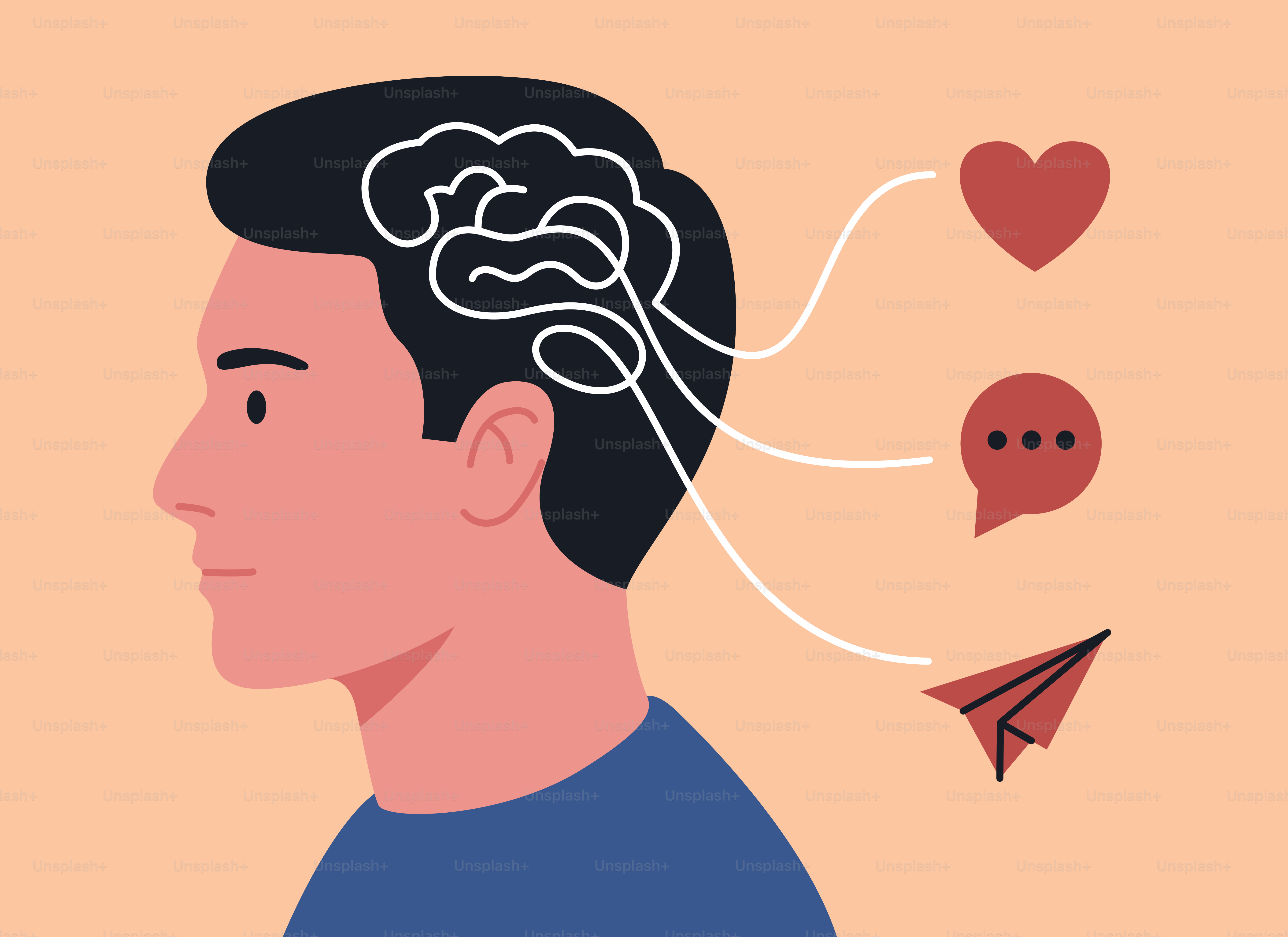 O cérebro do homem conectado aos ícones do coração, da fala e das mensagens.