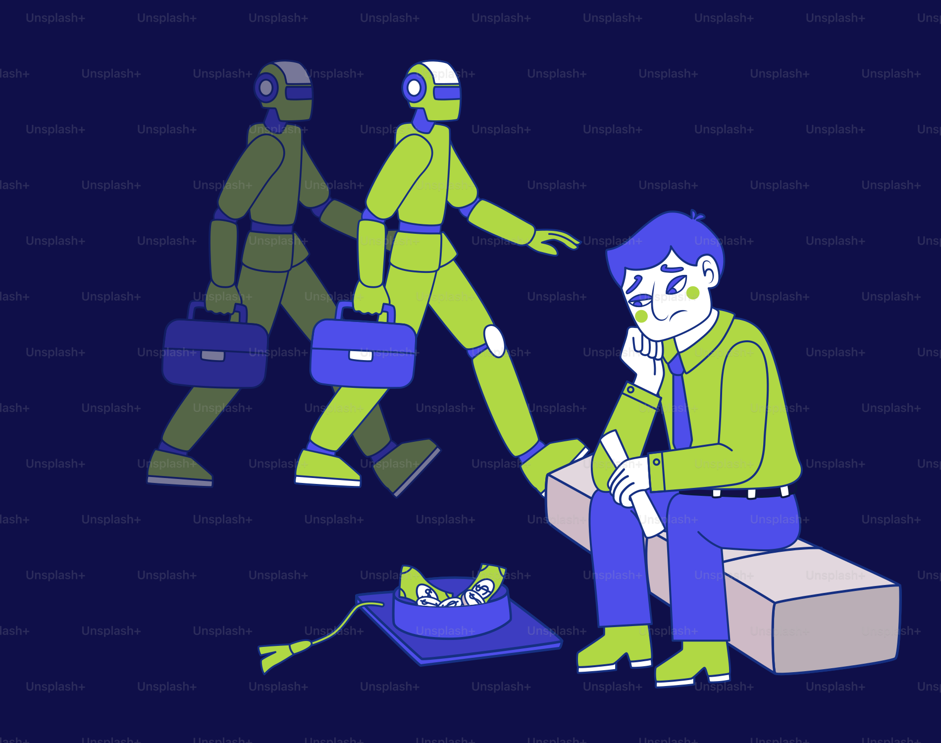 帽子を捨てた悲しい男がブリーフケースを運ぶロボットの時計。