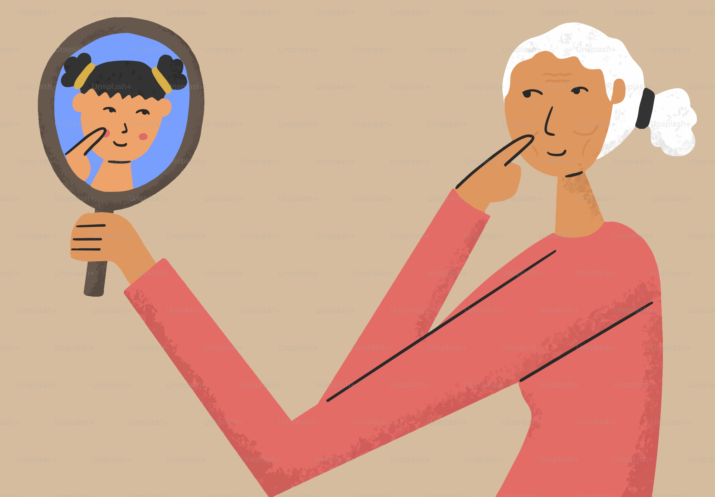 年配の女性が鏡でニキビのある若い自分を見る。