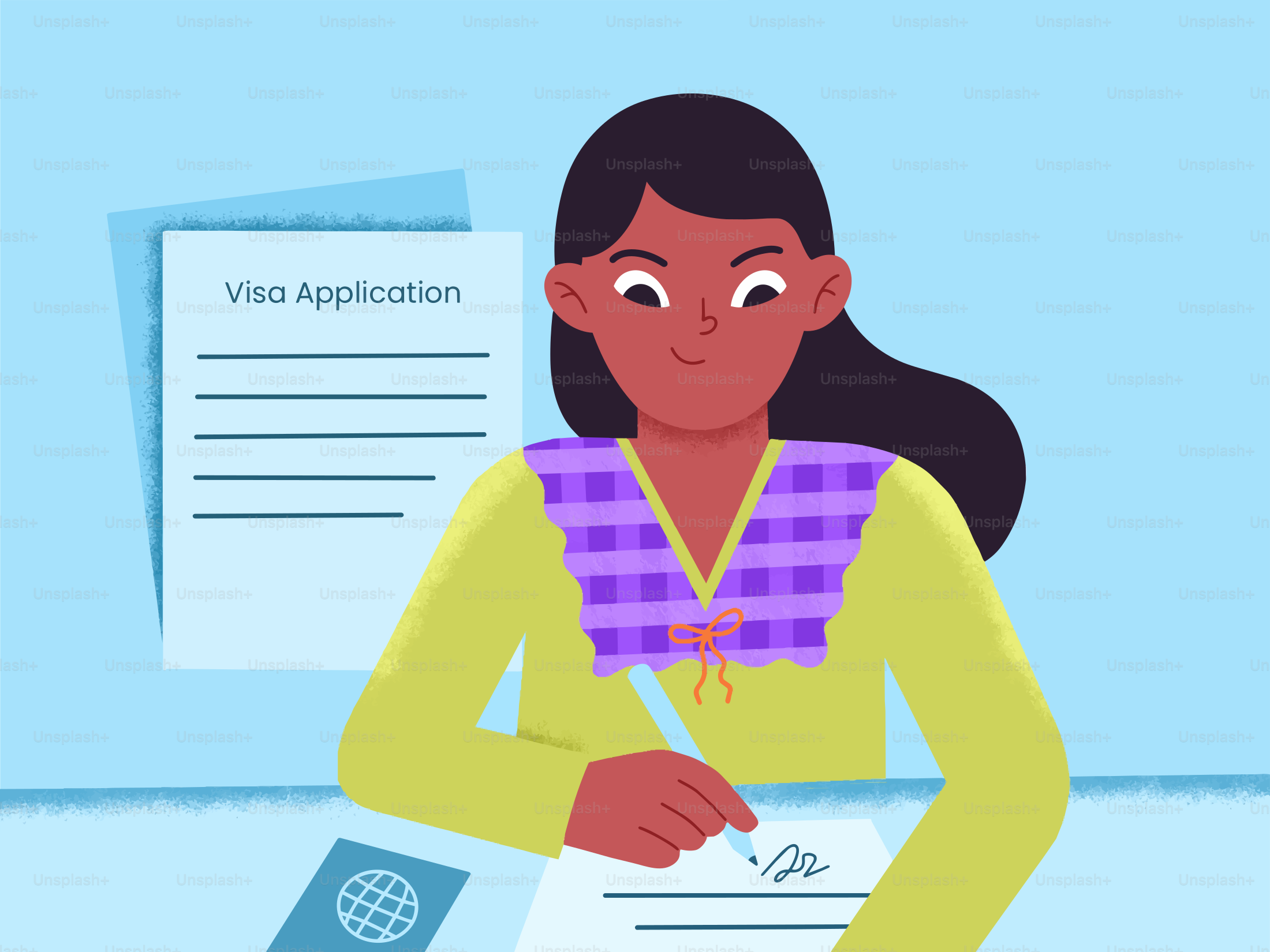 Una mujer firmando una solicitud de visado con pasaporte.