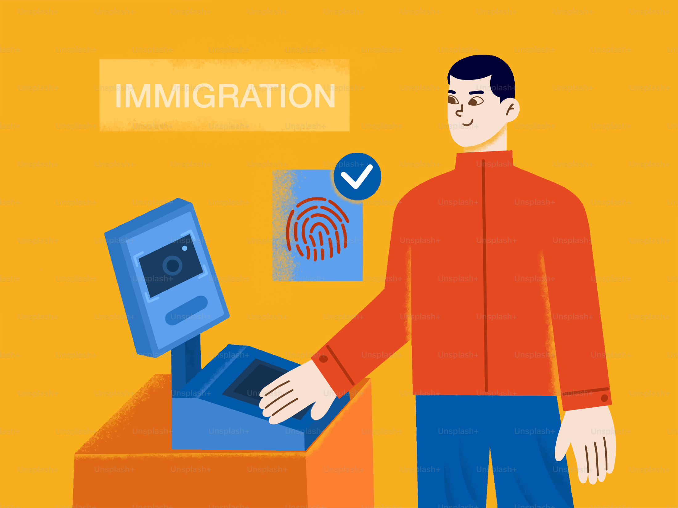 Mann mit biometrischem Einwanderungsscanner und Fingerabdruckverifizierung
