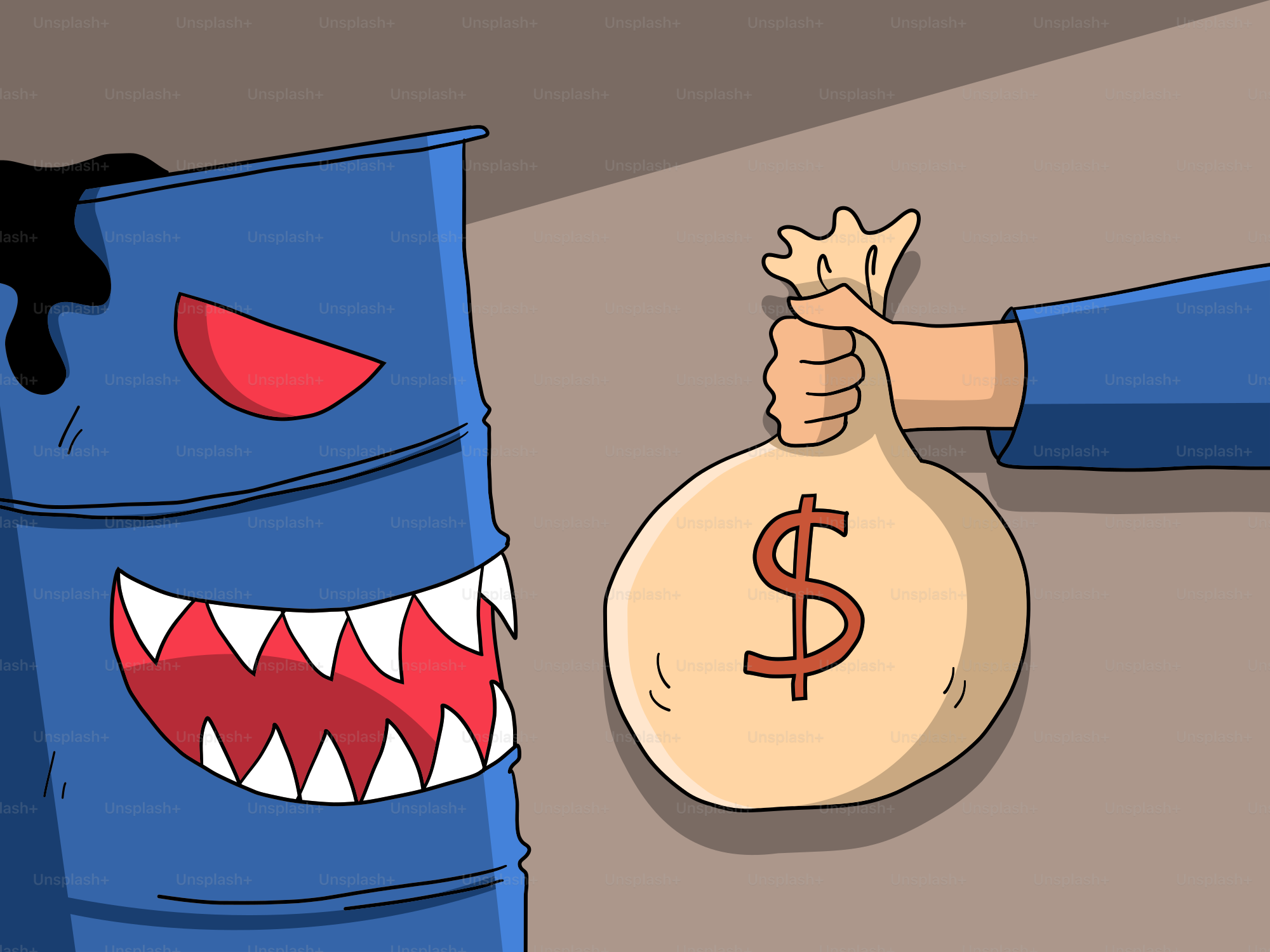Barril monstruoso de petróleo ameaçando uma mão segurando uma bolsa de dinheiro.