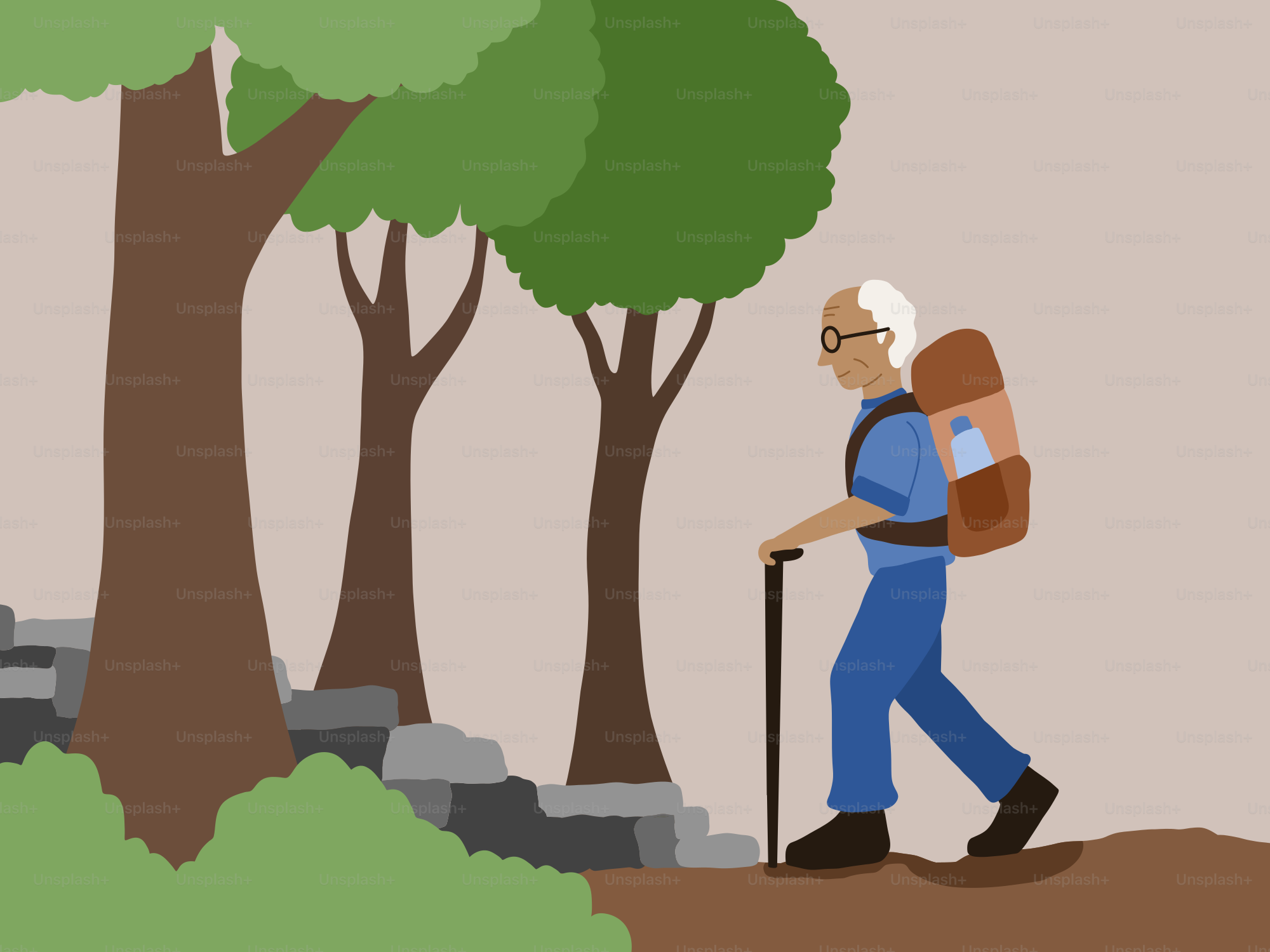 Un homme âgé marchant dans une forêt avec une canne.