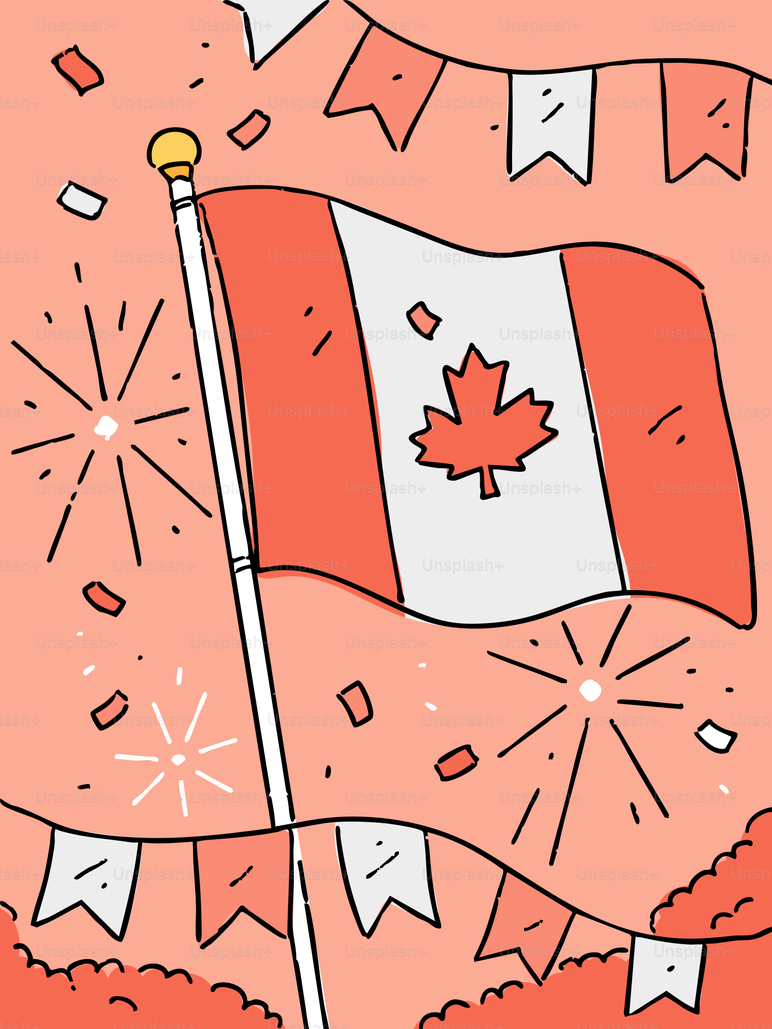 Un drapeau canadien avec des feux d’artifice festifs et des banderoles.