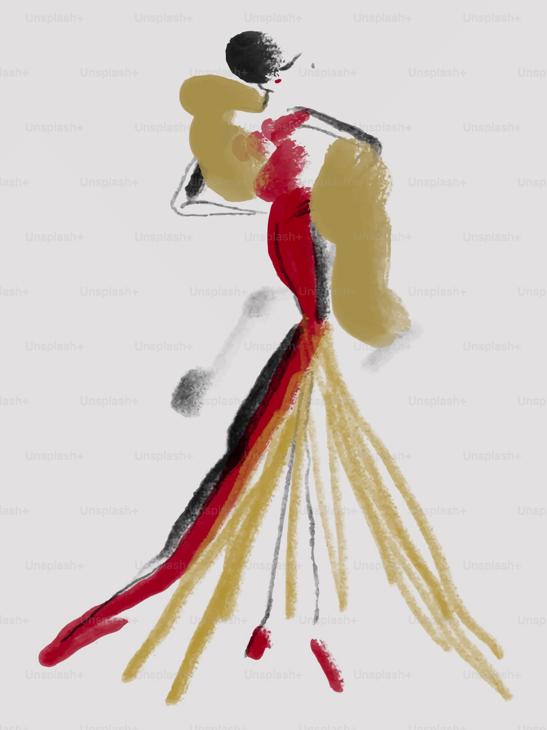 Ilustração de moda abstrata com vestido esvoaçante vermelho e dourado.