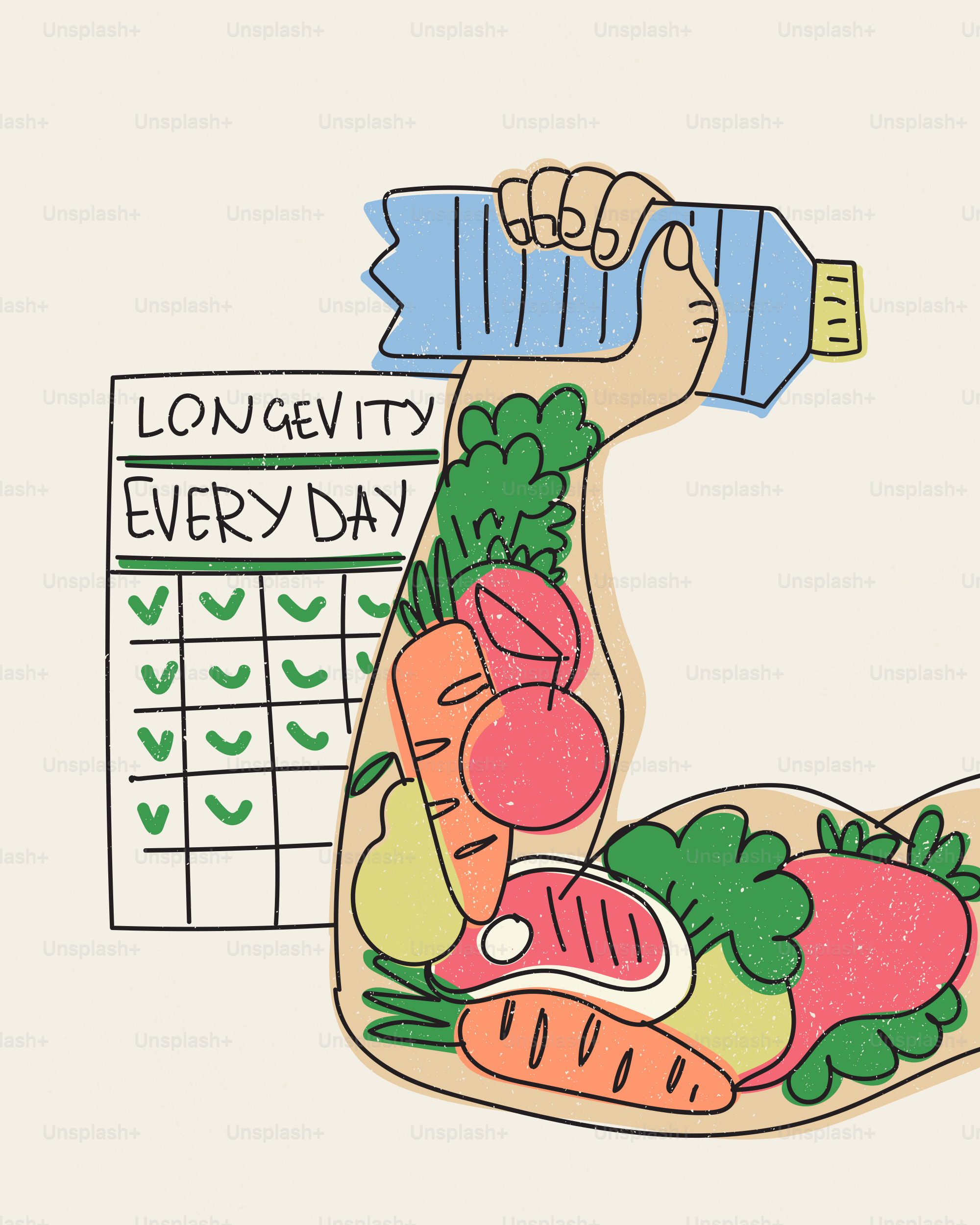 Un brazo fuerte lleno de comida saludable y un calendario de "longevidad".