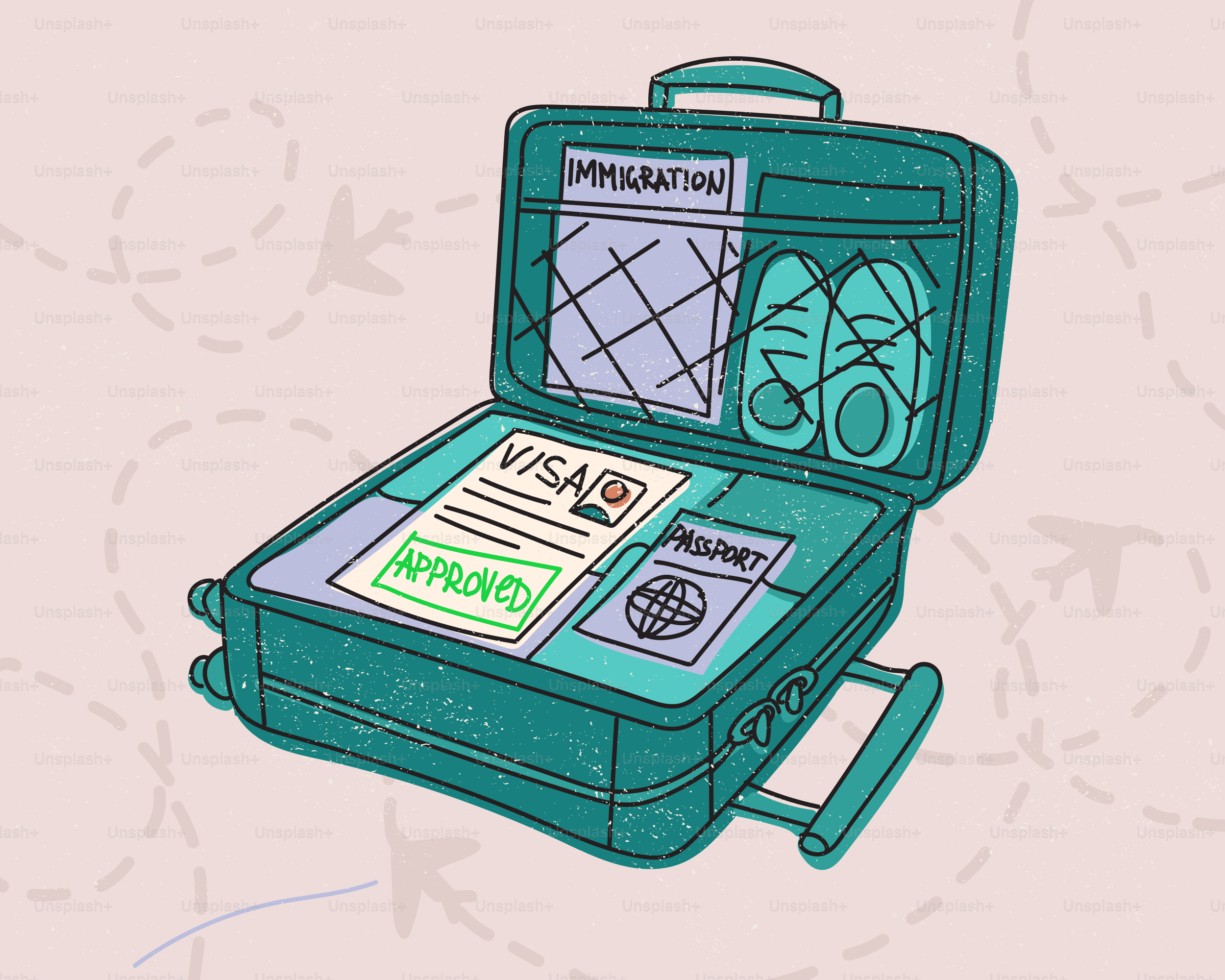 Reisekoffer gefüllt mit Visa, Reisepass und Einwanderungsdokumenten.