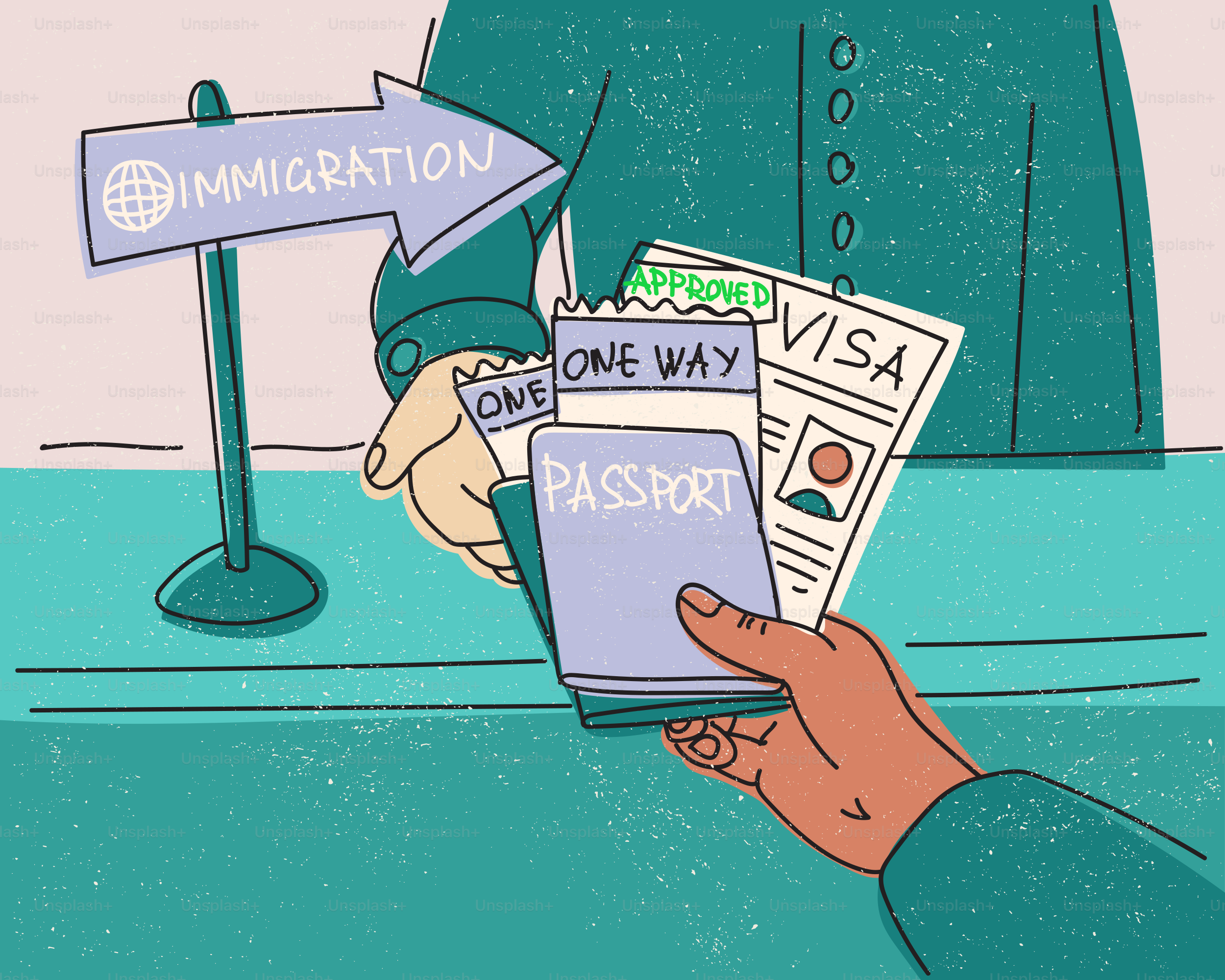 Eine Hand, die bei der Einwanderung einen Reisepass, ein Visum und ein Ticket vorlegt