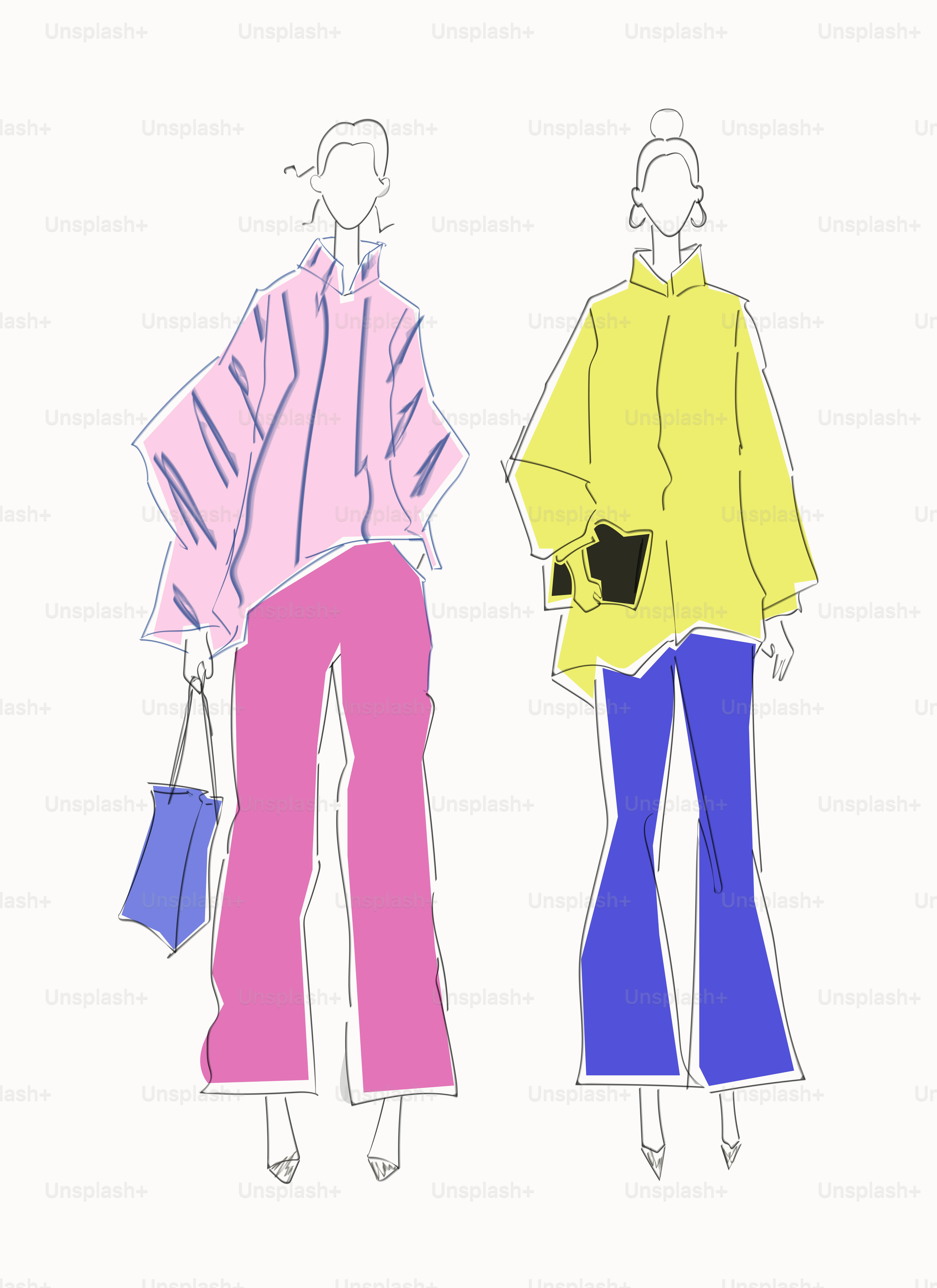 Due illustrazioni di moda minimaliste di donne in abiti colorati.