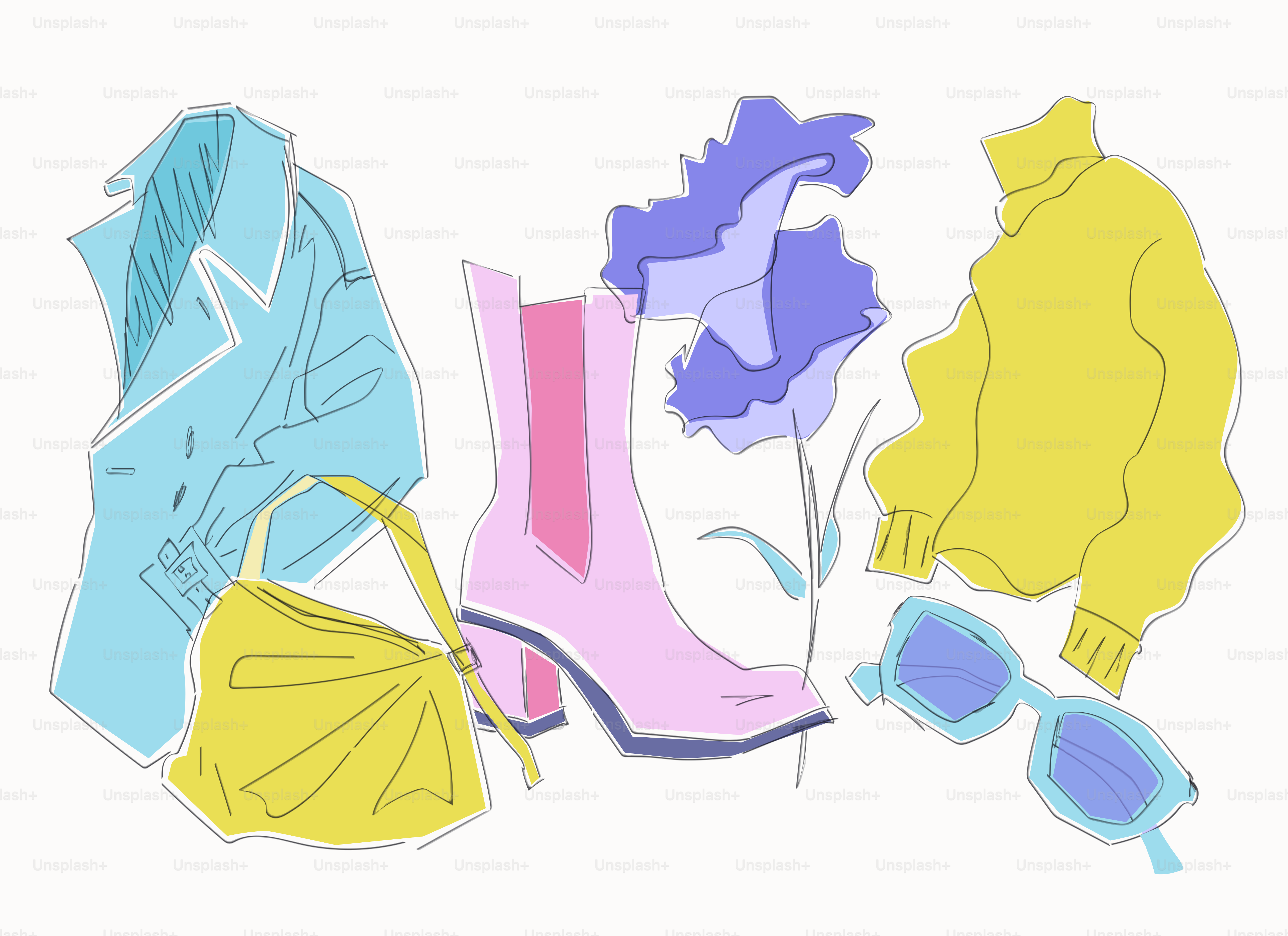 Articoli colorati di moda: giacca, borsa, stivali, maglione e occhiali da sole.