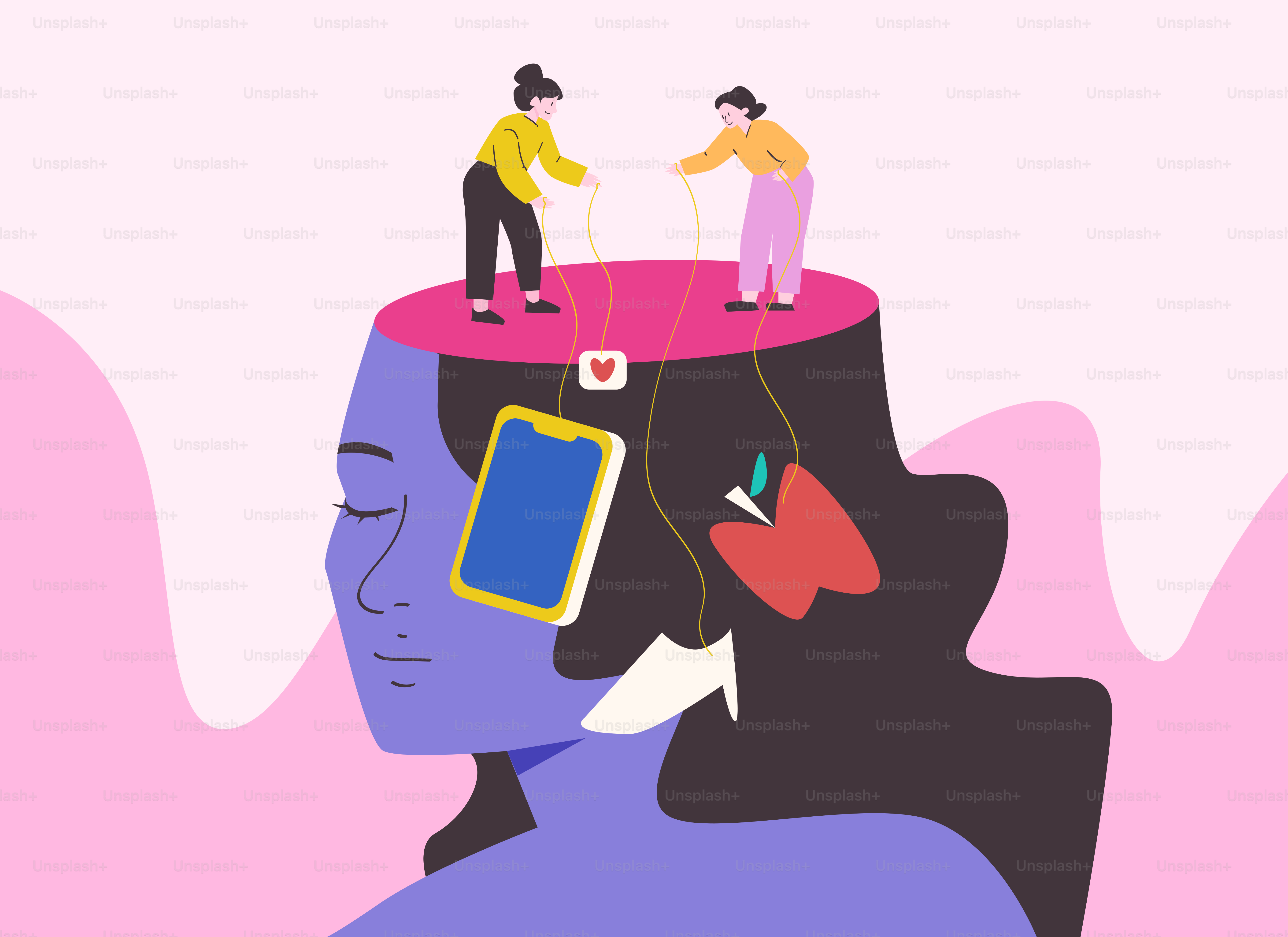 Due persone che influenzano una mente con la tecnologia e le idee.