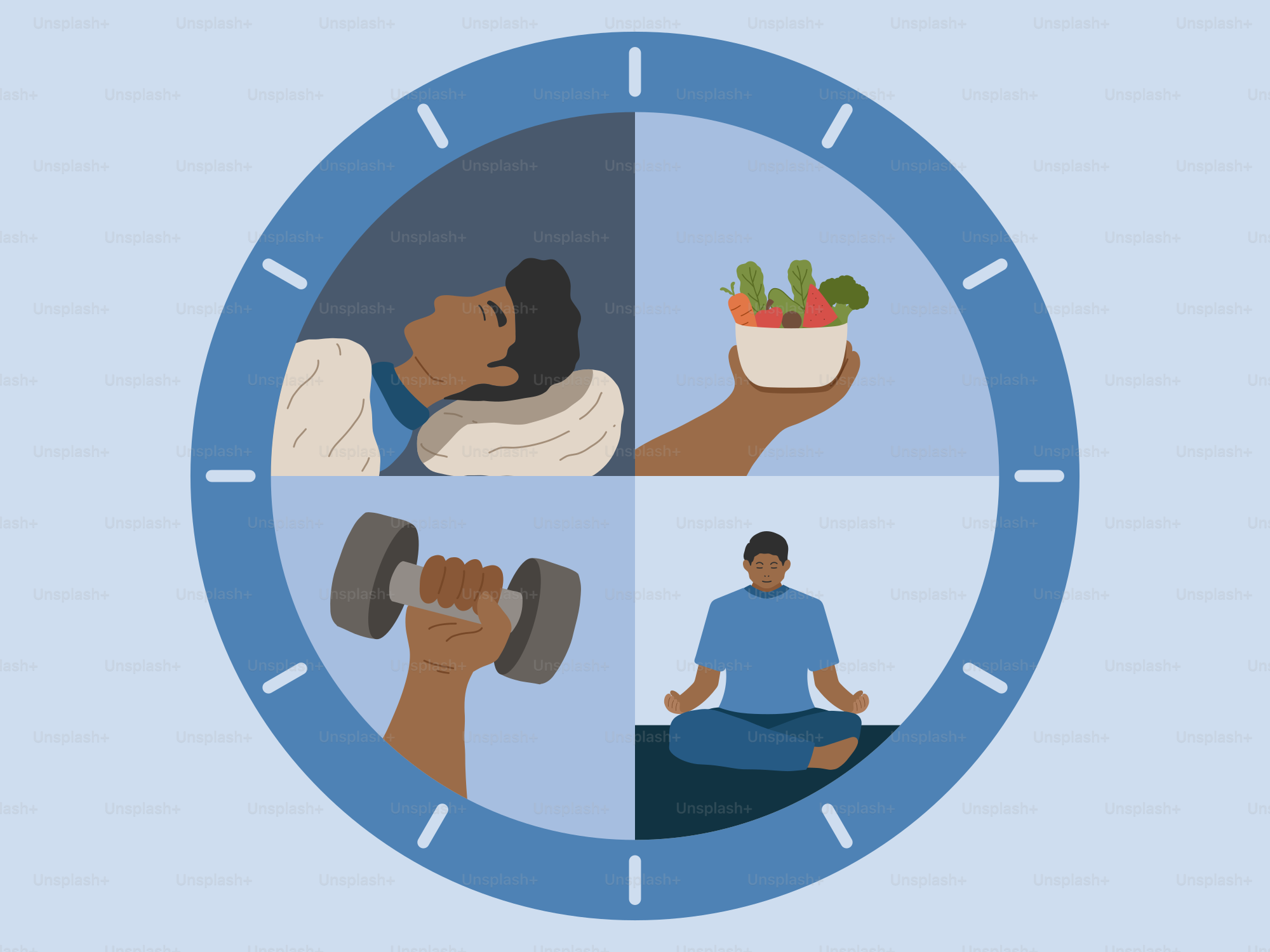 Une horloge montrant des habitudes saines : sommeil, nutrition, exercice et méditation.