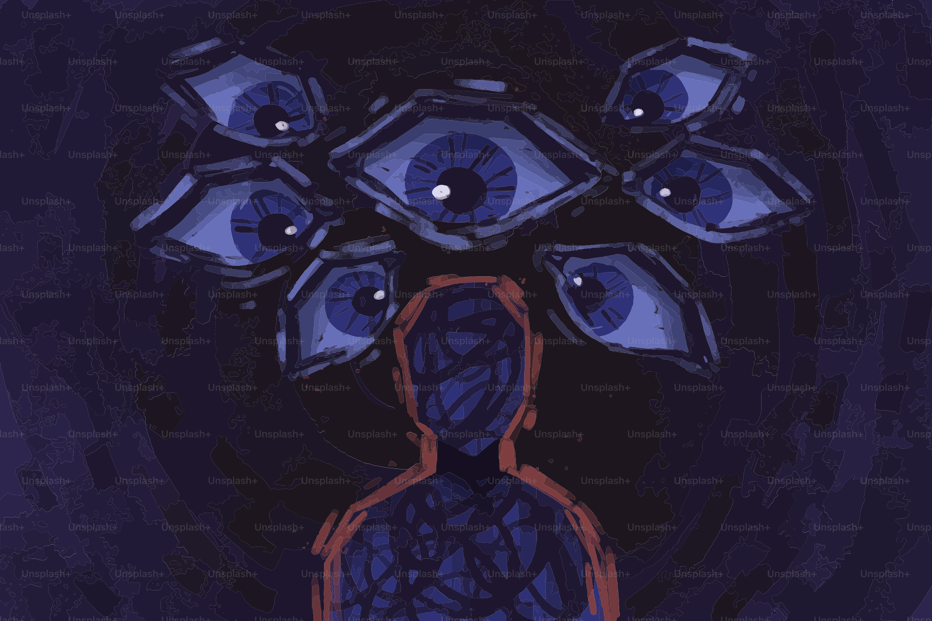 Figure abstraite aux multiples yeux bleus dans un décor sombre.