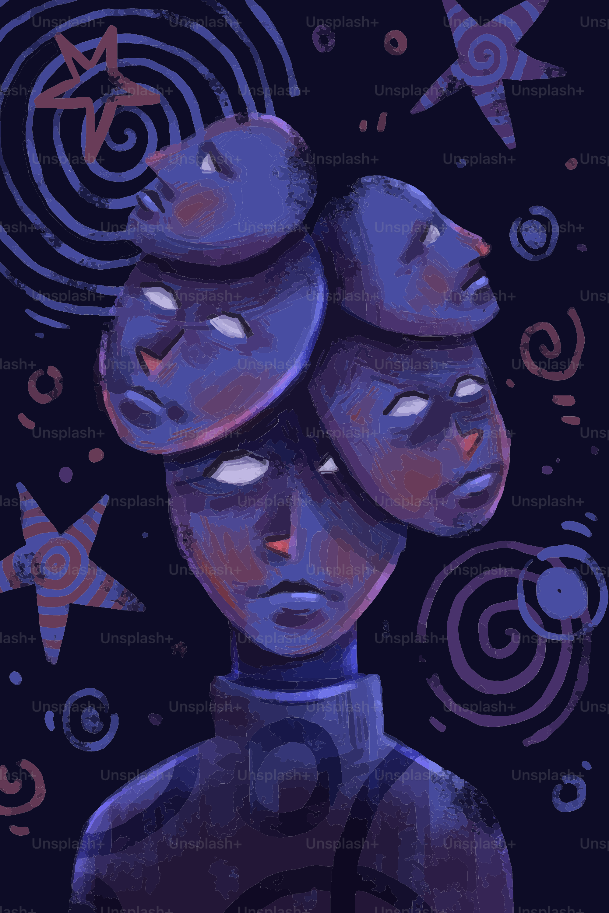 Silhouette bleu foncé avec des masques, des spirales et des étoiles.