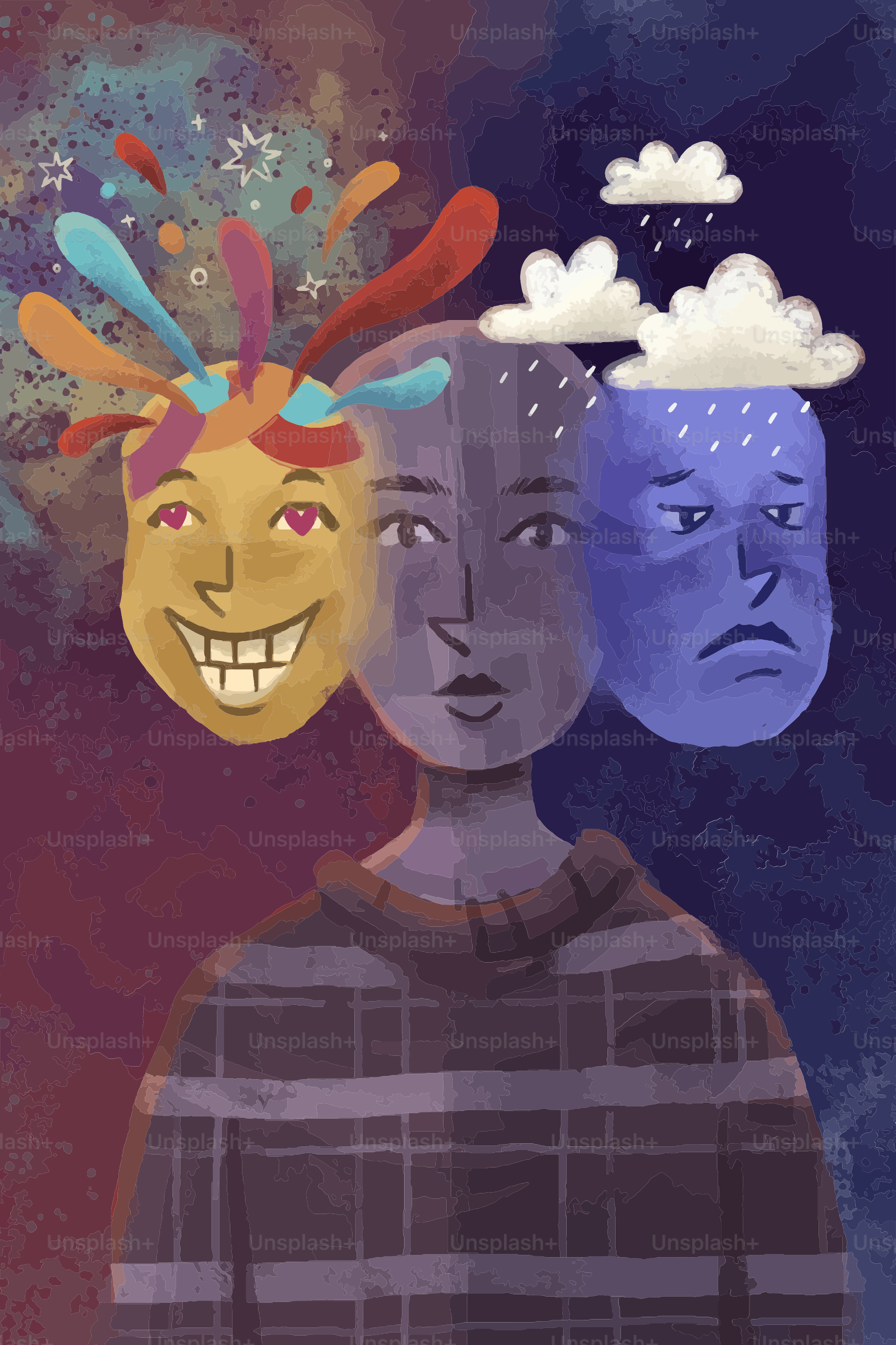 Personne affichant des masques émotionnels heureux, neutres et tristes.