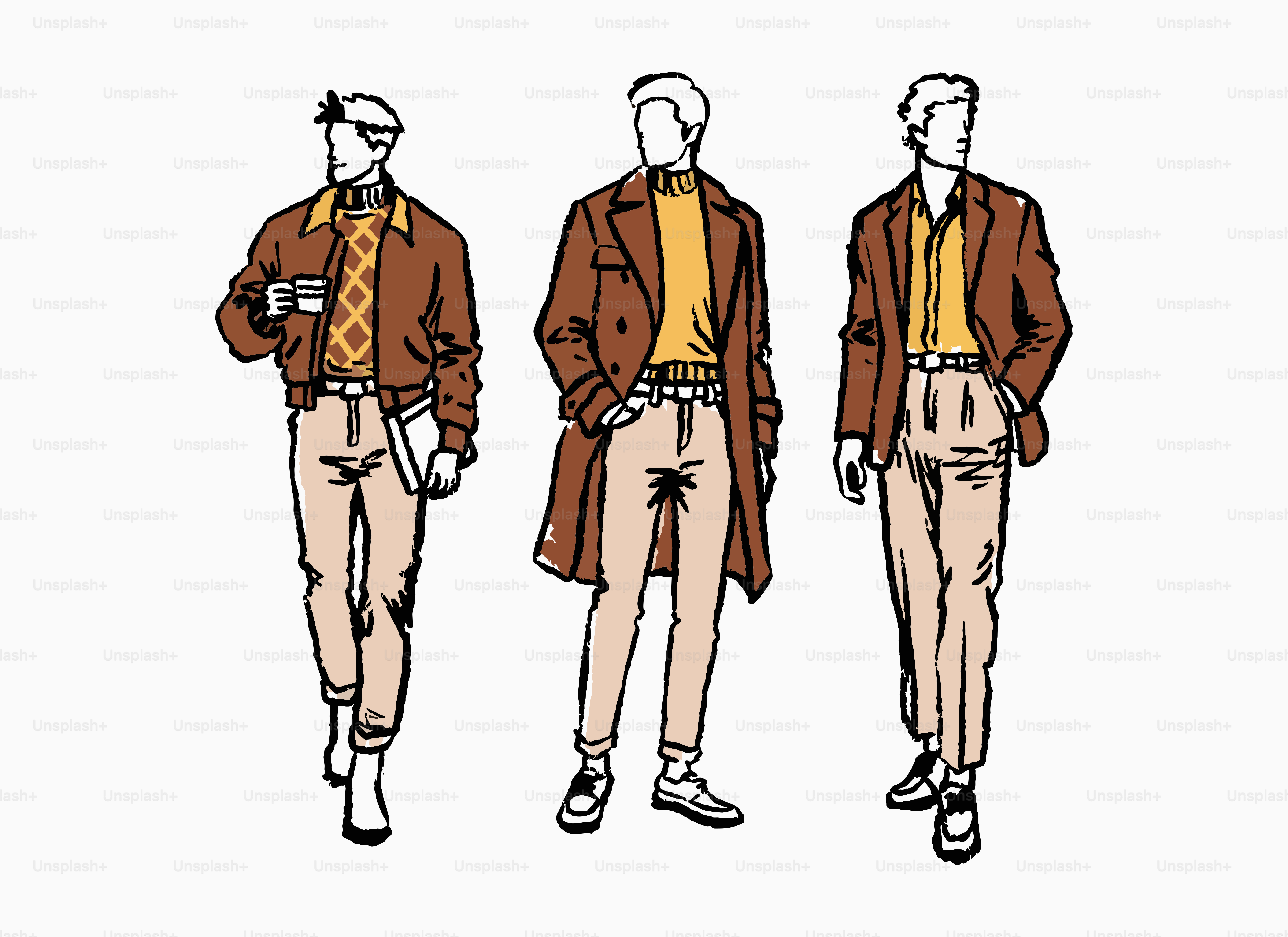 Tre figure maschili abbozzate in abiti marroni e beige.