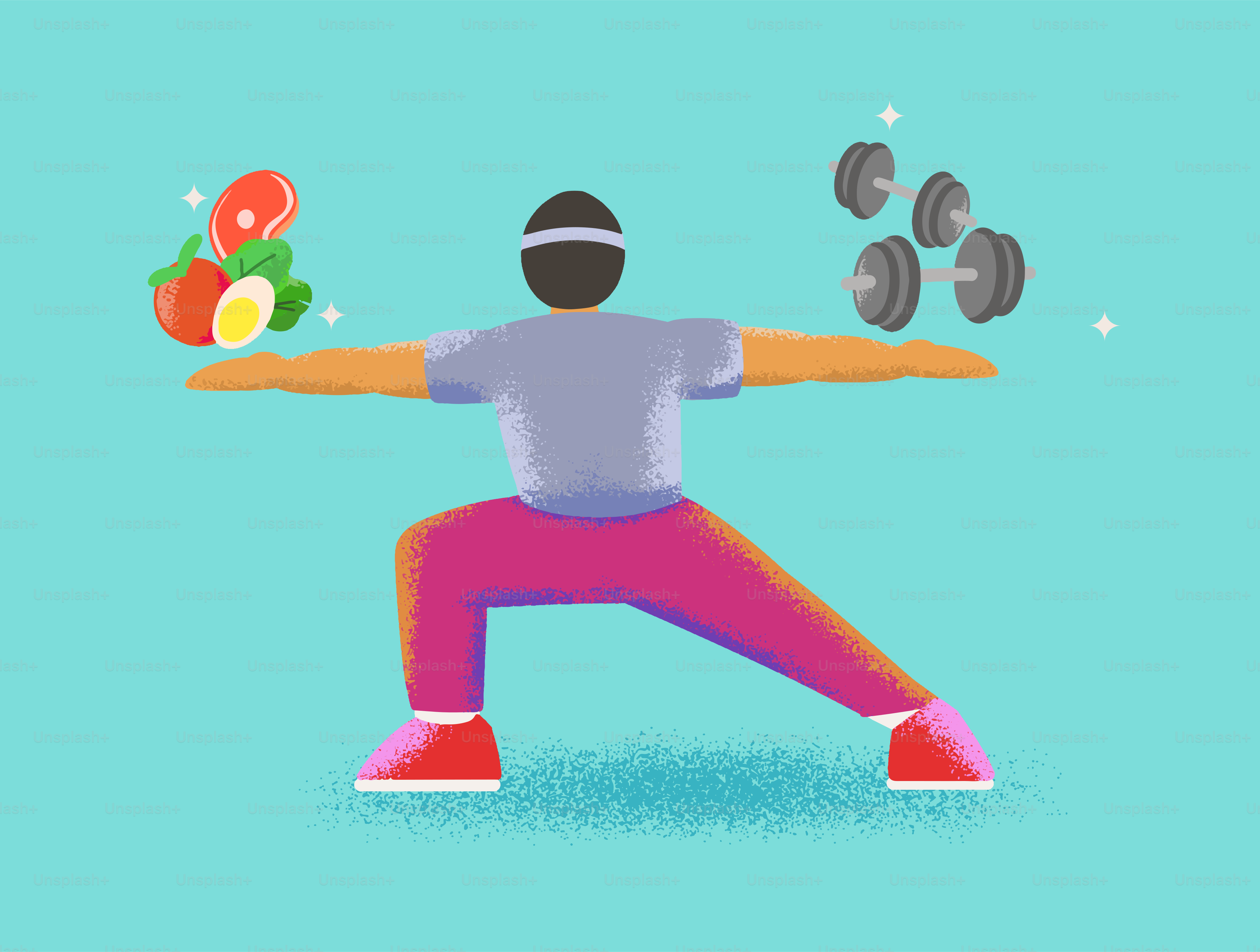 Persona in posizione yoga che bilancia cibo sano e manubri.