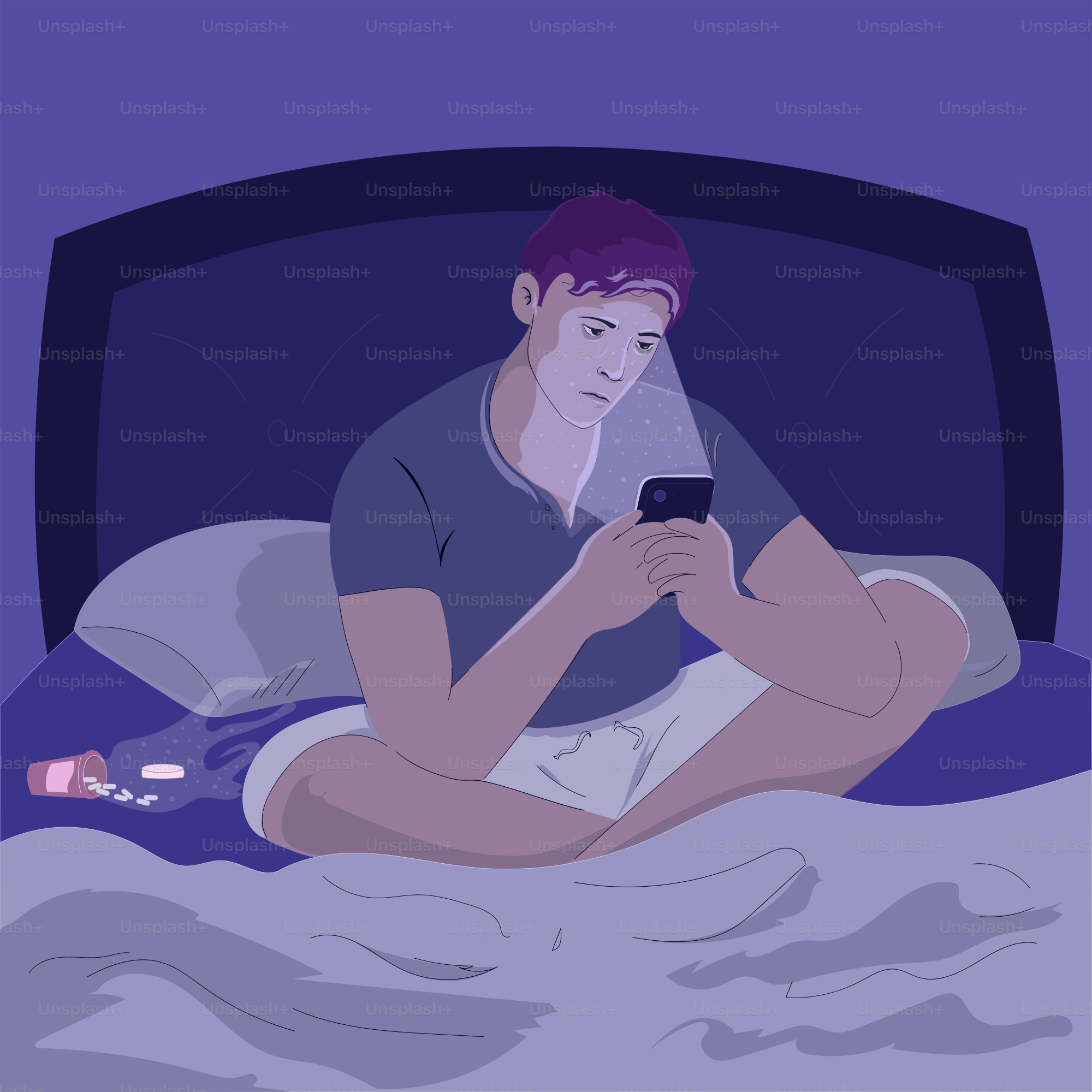 Un uomo usa il telefono a letto con delle pillole a portata di mano.