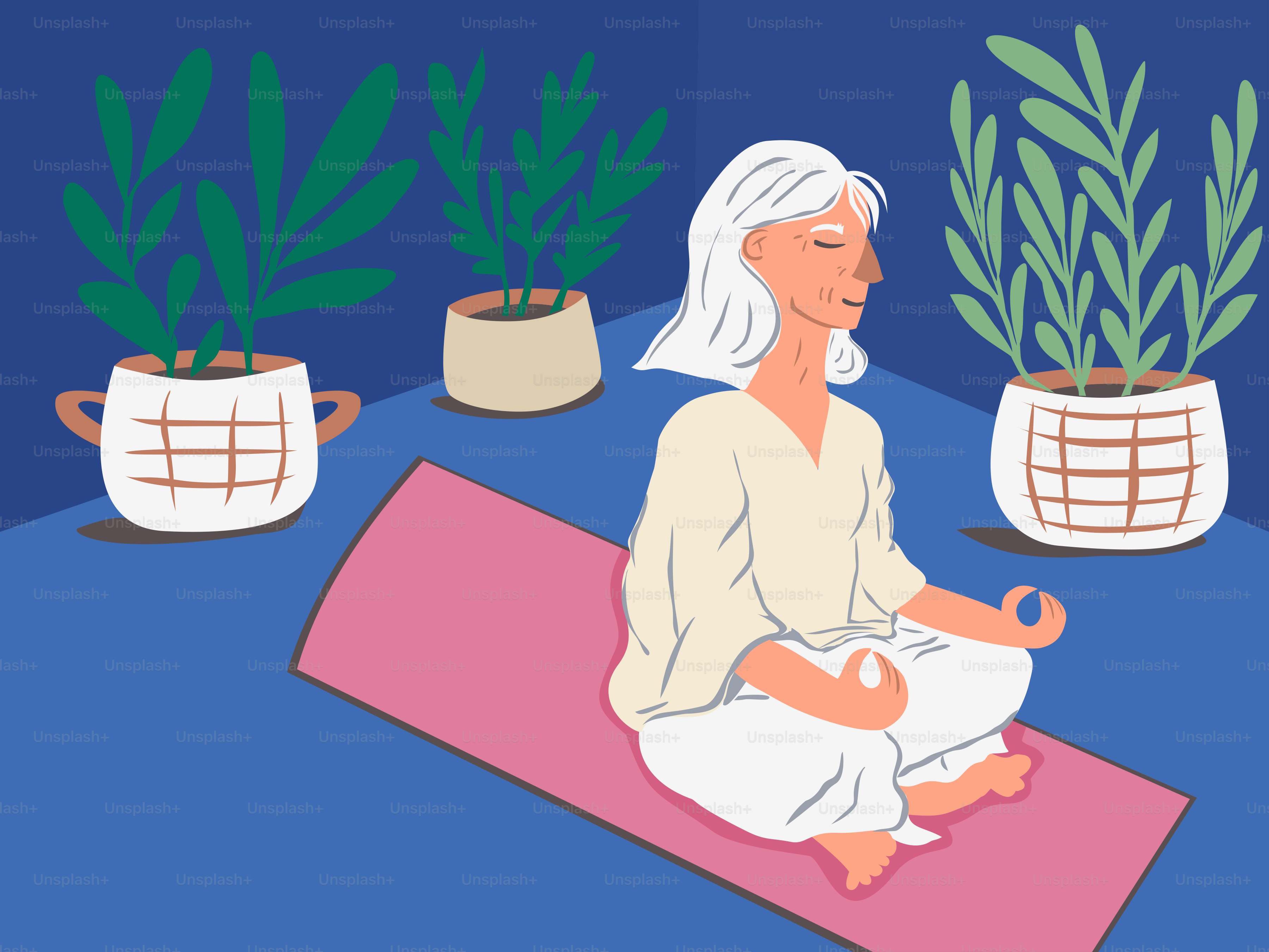 Donna anziana che medita pacificamente su un tappetino da yoga con le piante.