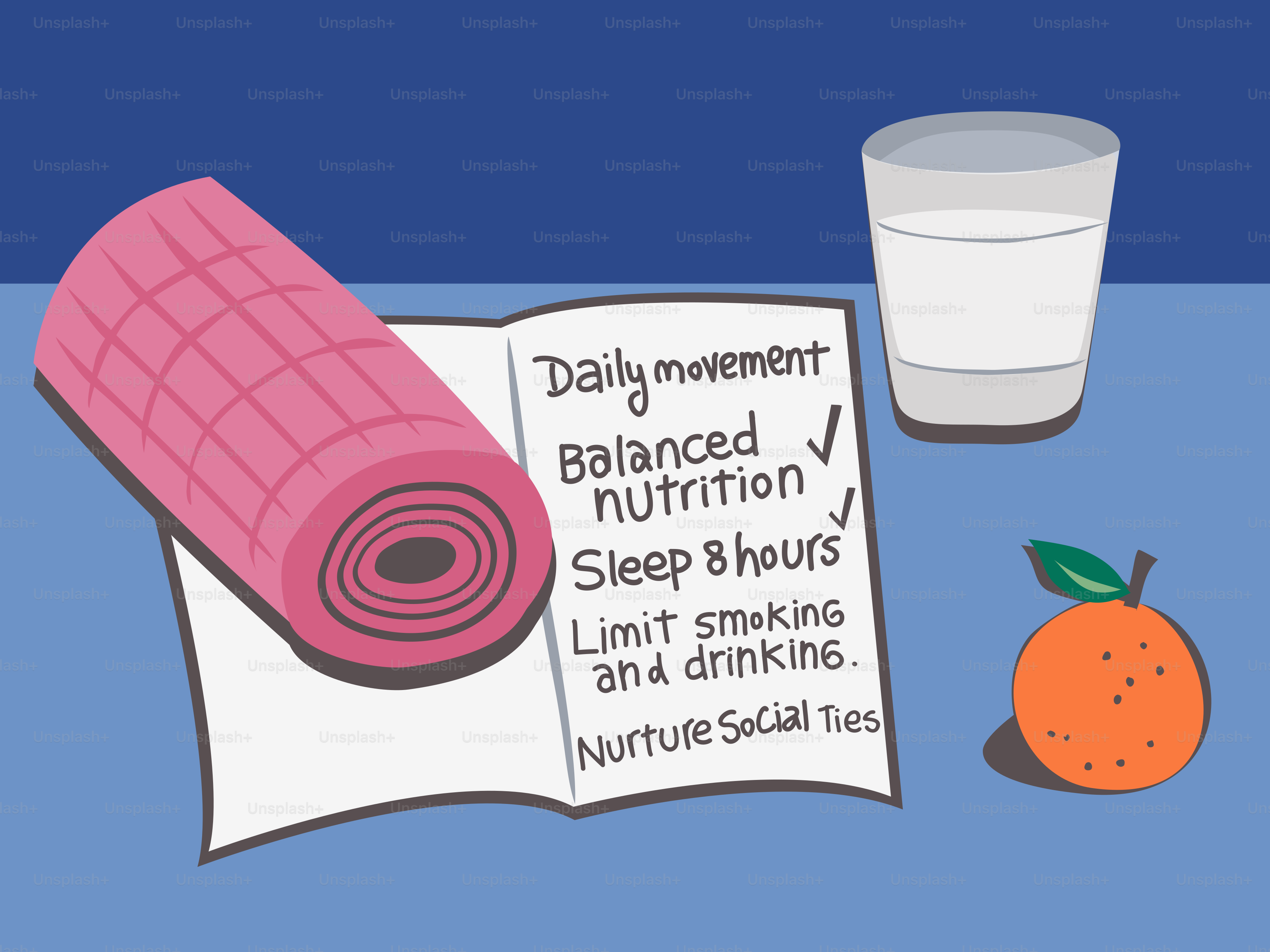 Tappetino da yoga, quaderno con obiettivi di salute, latte e arancione su fondo blu.