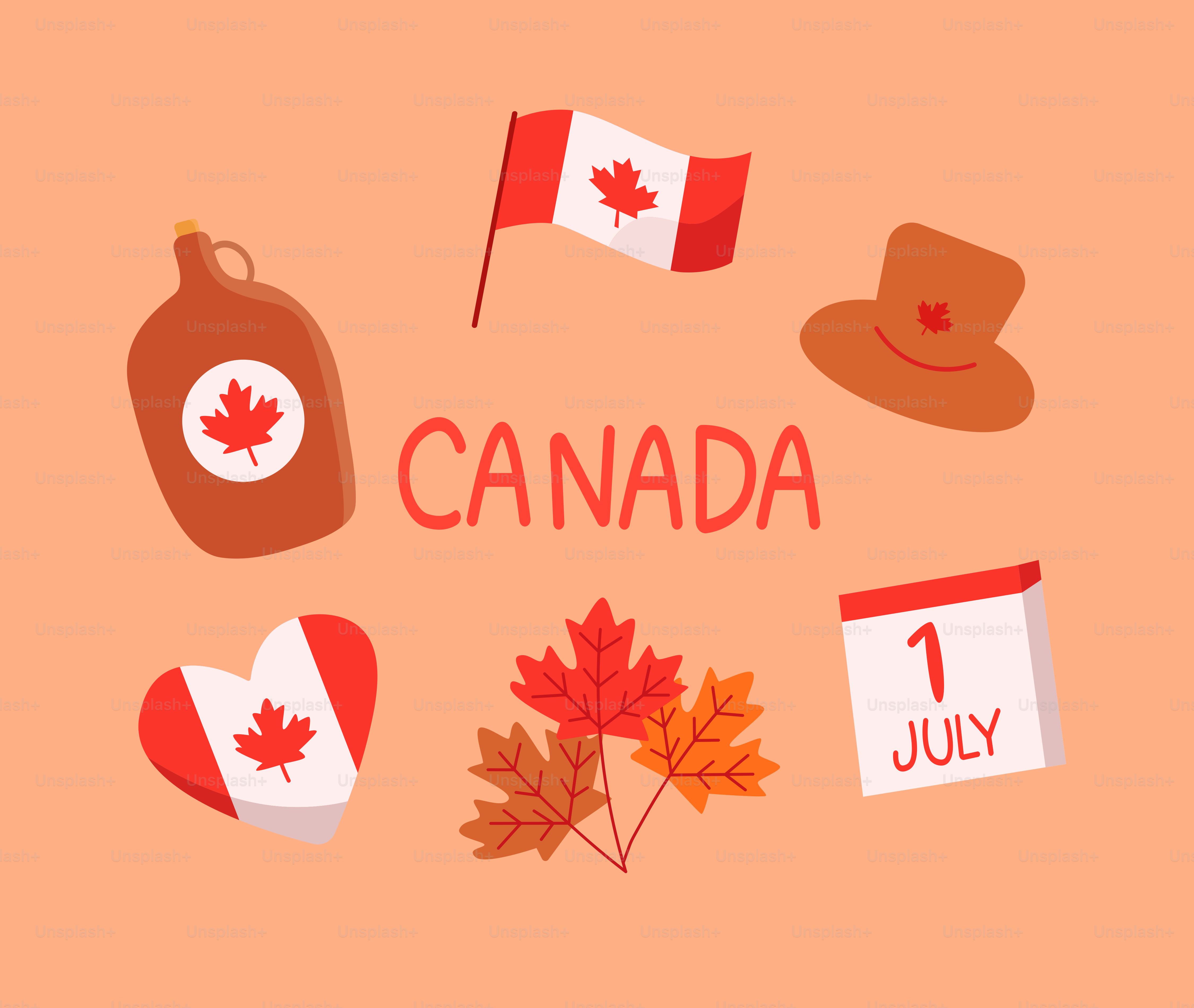 drapeau canadien, sirop d’érable, feuilles et calendrier sur pêche.