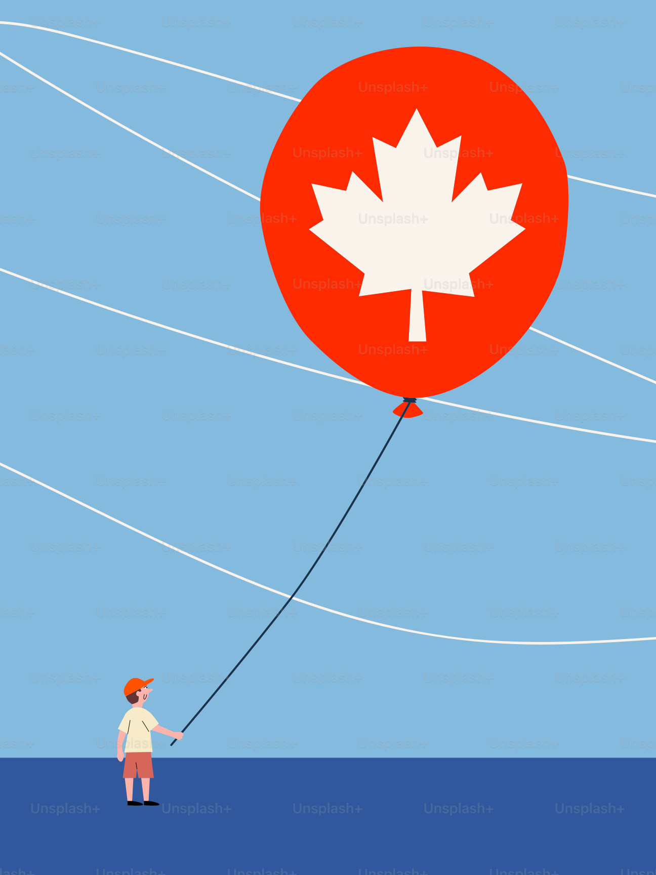 Niño sosteniendo un globo rojo de hoja de arce canadiense.