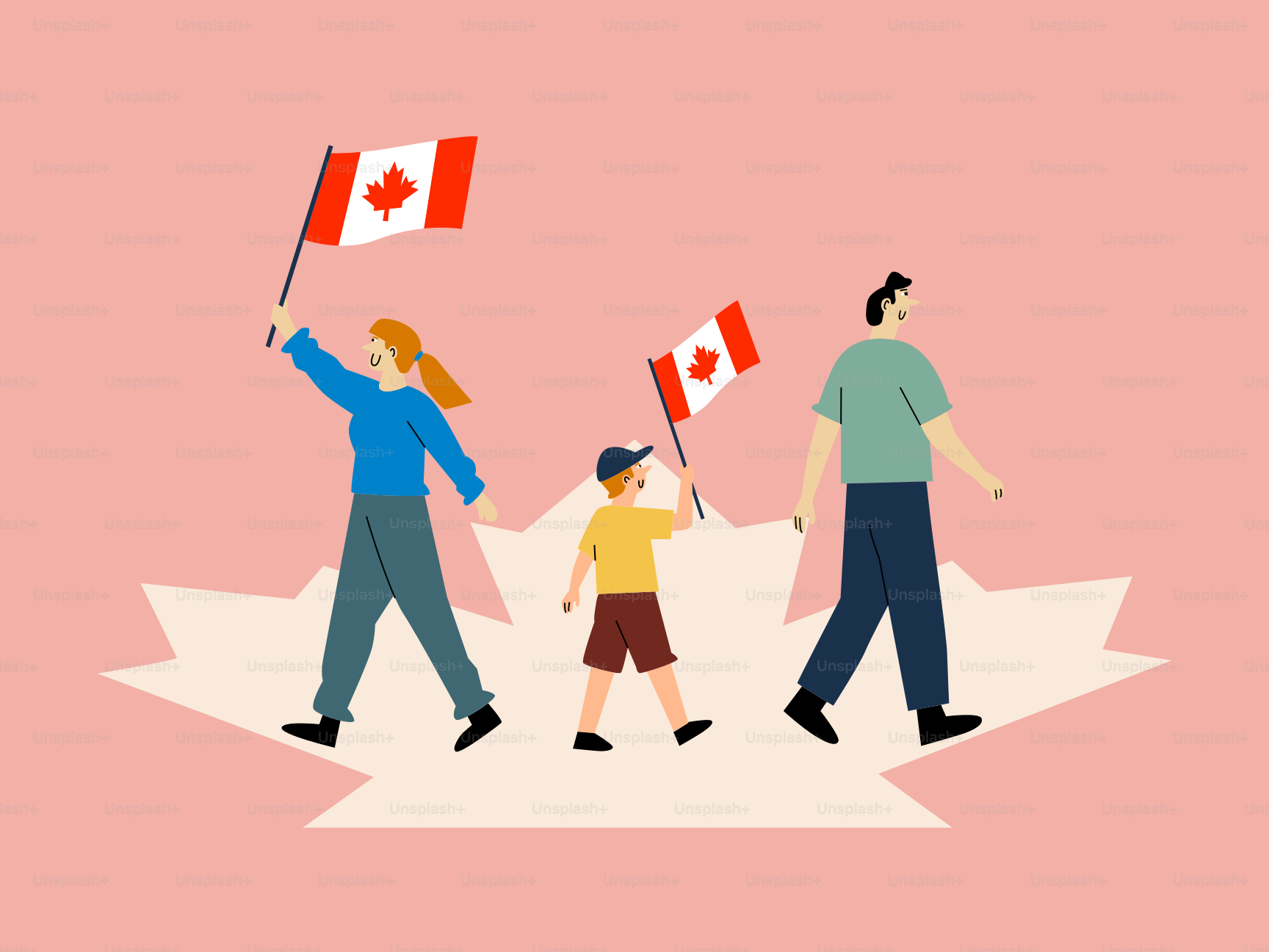 Une famille tenant des drapeaux canadiens marche sur une feuille d’érable.