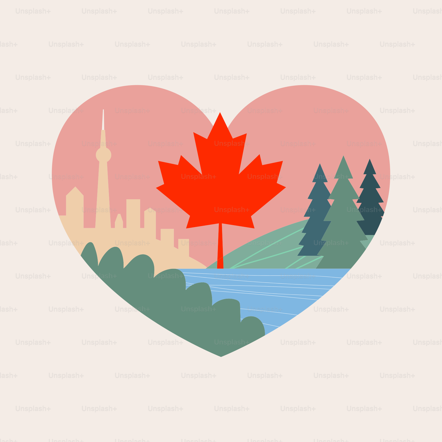 Corazón estilizado con paisaje canadiense, skyline urbano y hoja de arce.