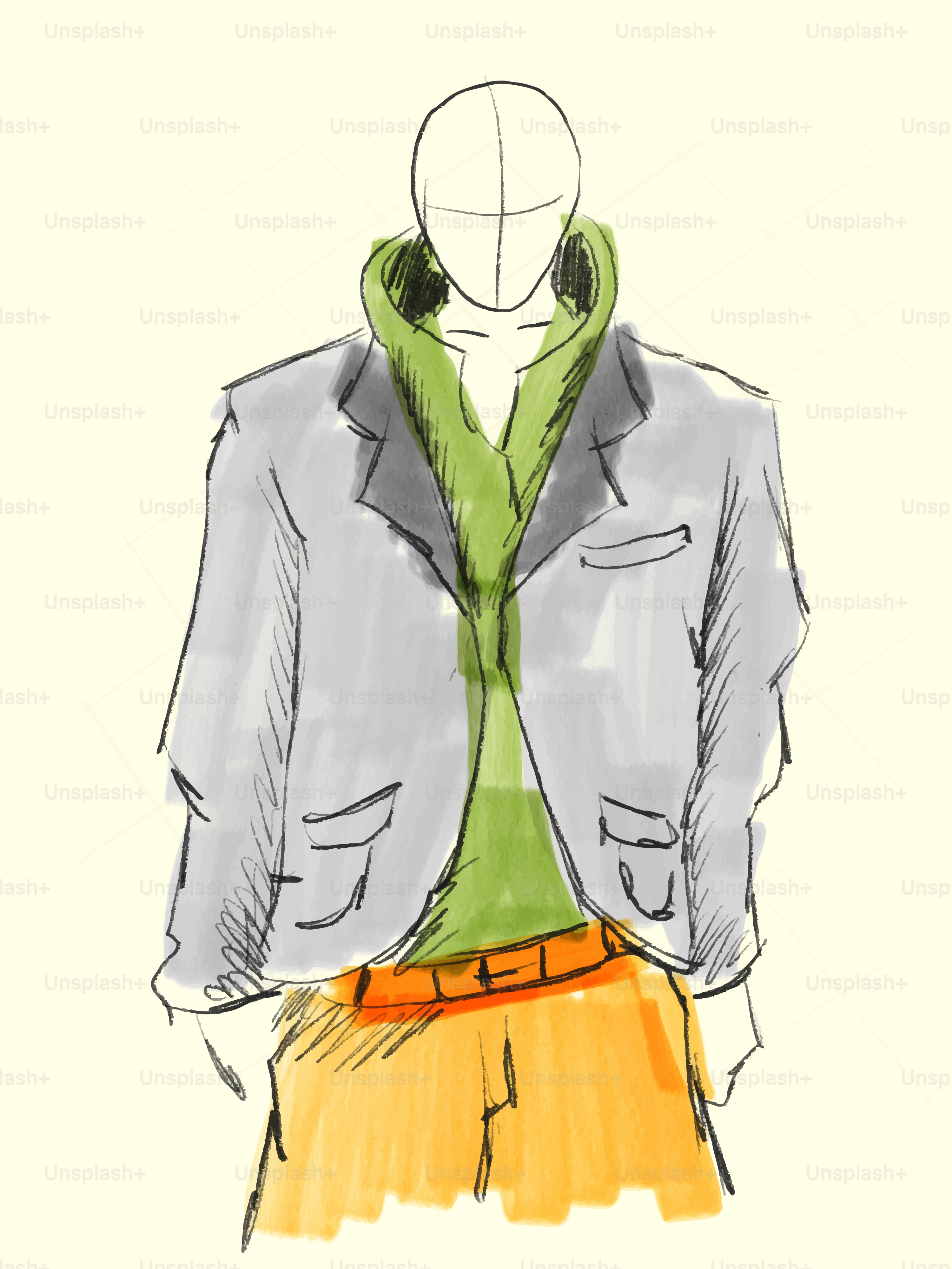 Sketch di moda: blazer grigio, felpa verde, pantaloni arancioni.