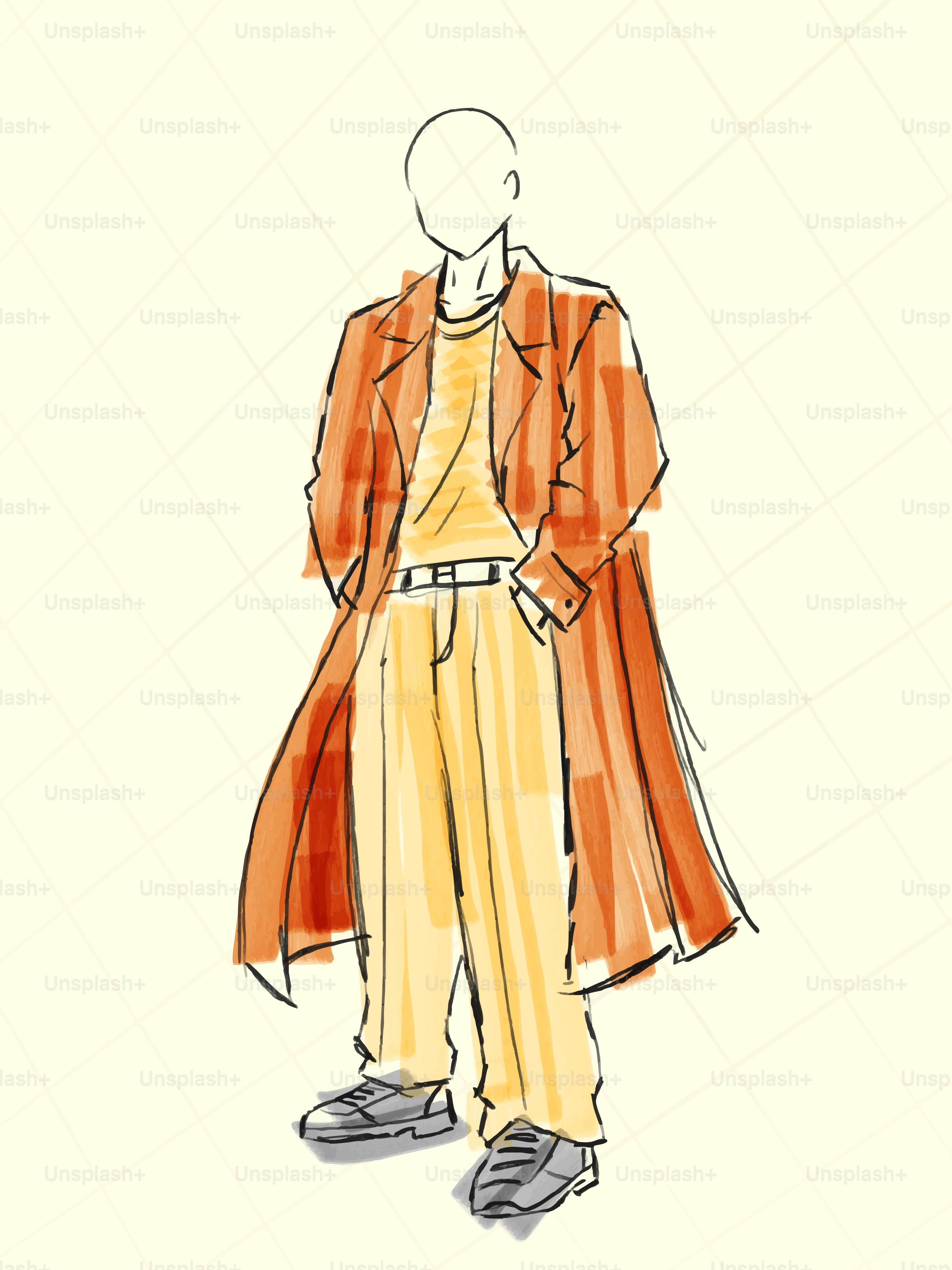 Fashion sketch: orange trench coat, yellow shirt, yellow pants.